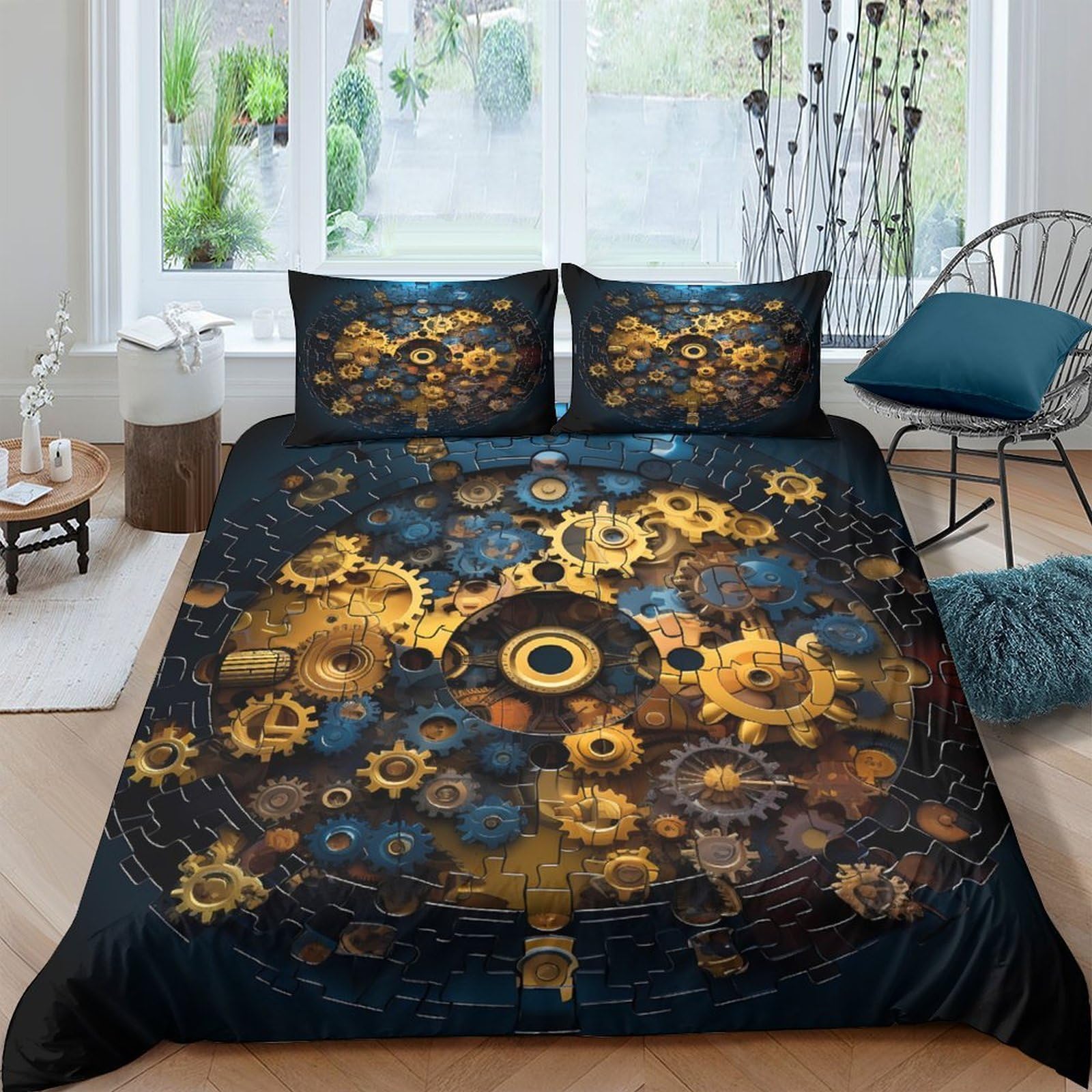 Ctjqhvkz Style-8 3D Printed Steampunk Gear Fitted Sheet Microfiber Black Gold Clockwork Bed Cover For Bedroom Dorm Mattress Decor Single（135X200cm）
