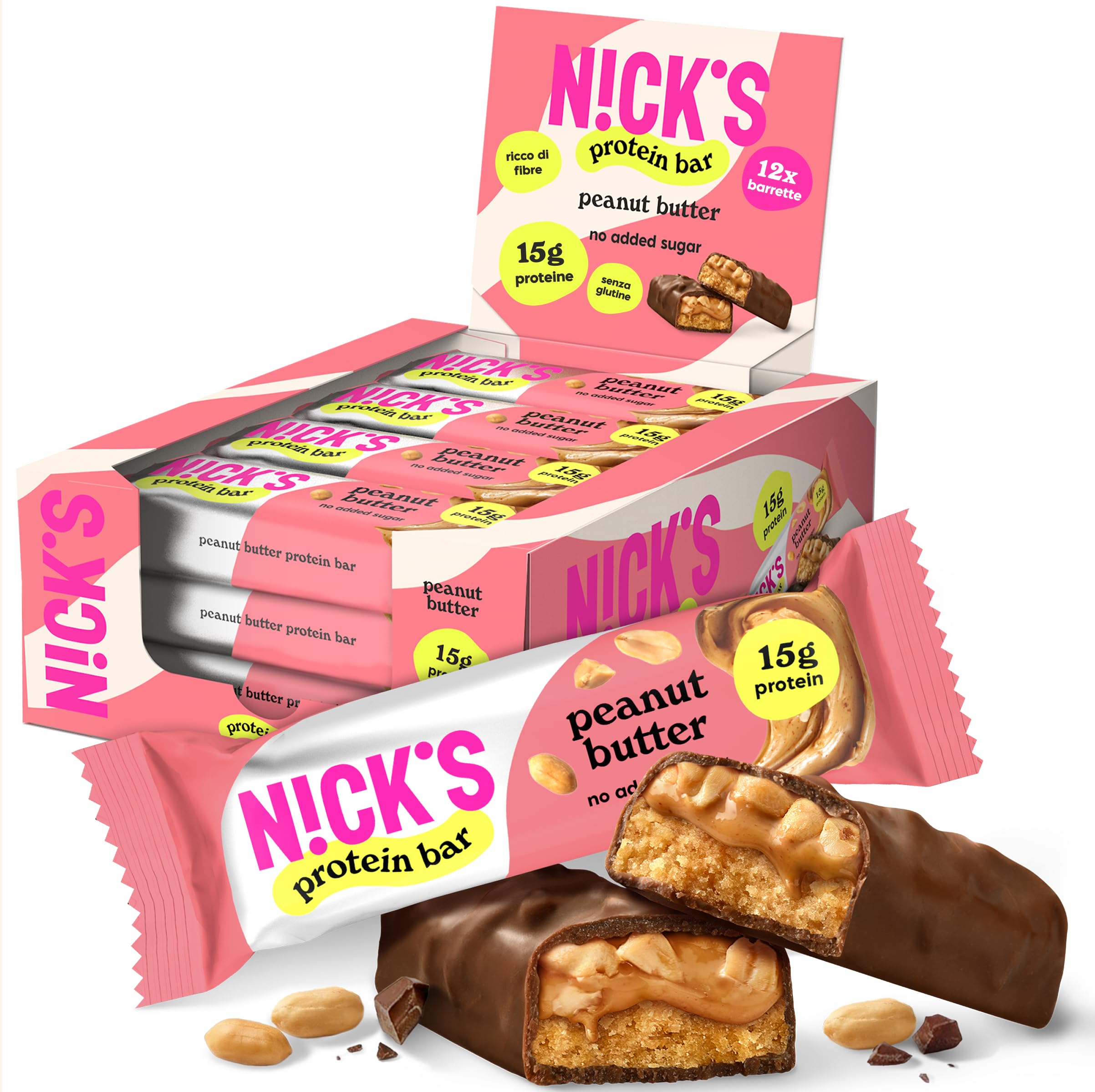 N!CK'S Barrette proteiche Burro di arachidi, 15 g di proteine, 214 calorie, low carb peanut butter barretta proteica keto senza zucchero aggiunti, senza glutine (12 protein bars x 50 g)