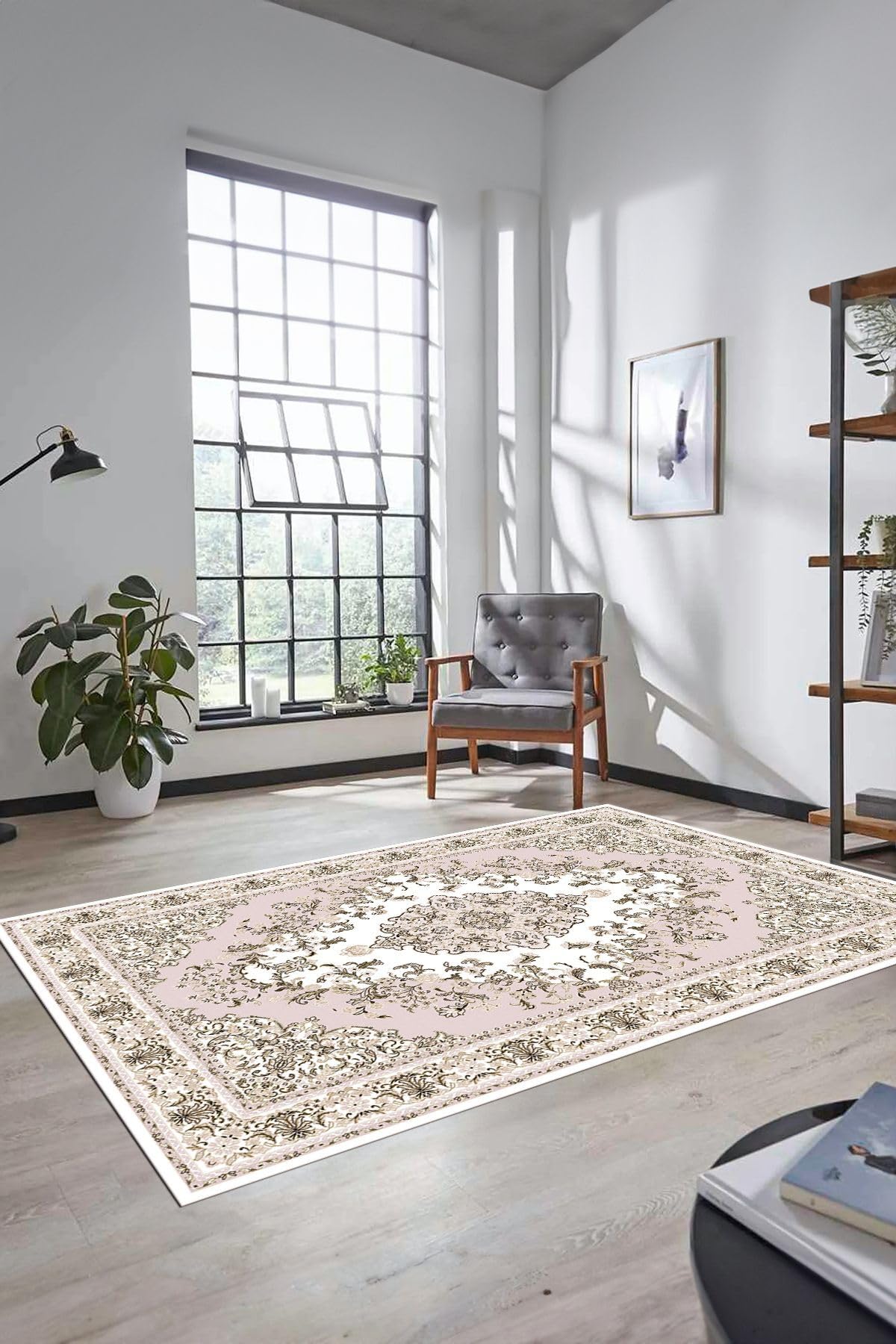 Evdeya Klasik Desenli Dijital Kaymaz Taban Yıkanabilir Yolluk Mutfak Salon Halısı KLASİK-23, Pembe, 80 x 300