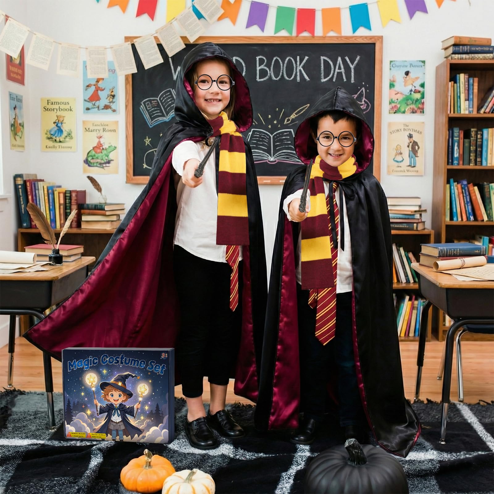 Abitoncc 5PCS Wizard Costume Set for Kids World Book Day Costume Black Cape, Wizard Wand, Glasses - Image 4