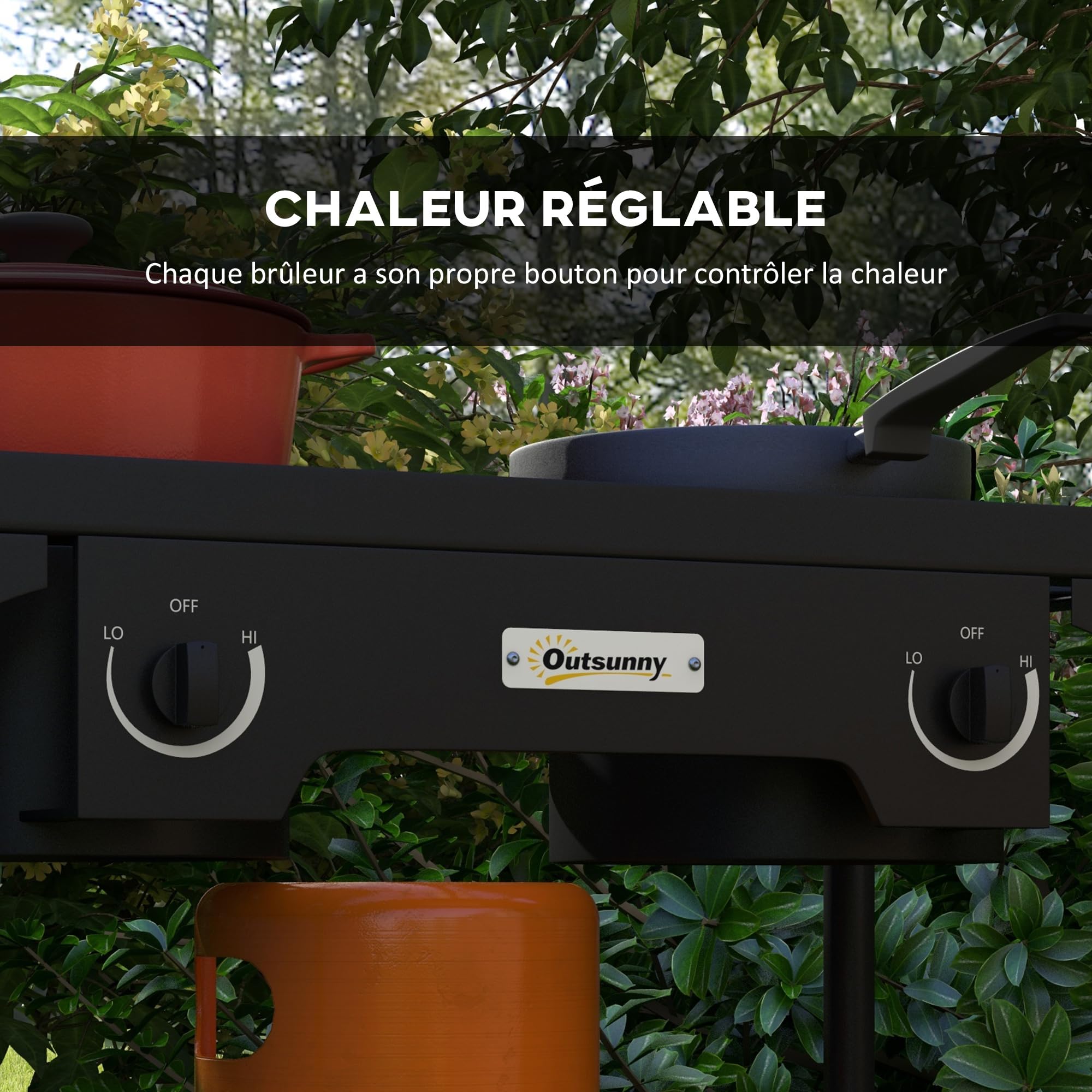 Outsunny Réchaud 2 brûleurs au propane réchaud à gaz portable 92000 BTU/h avec 2 pieds amovibles pour extérieur, camping, métal moulé, dim. 79L x 40l x 76H cm