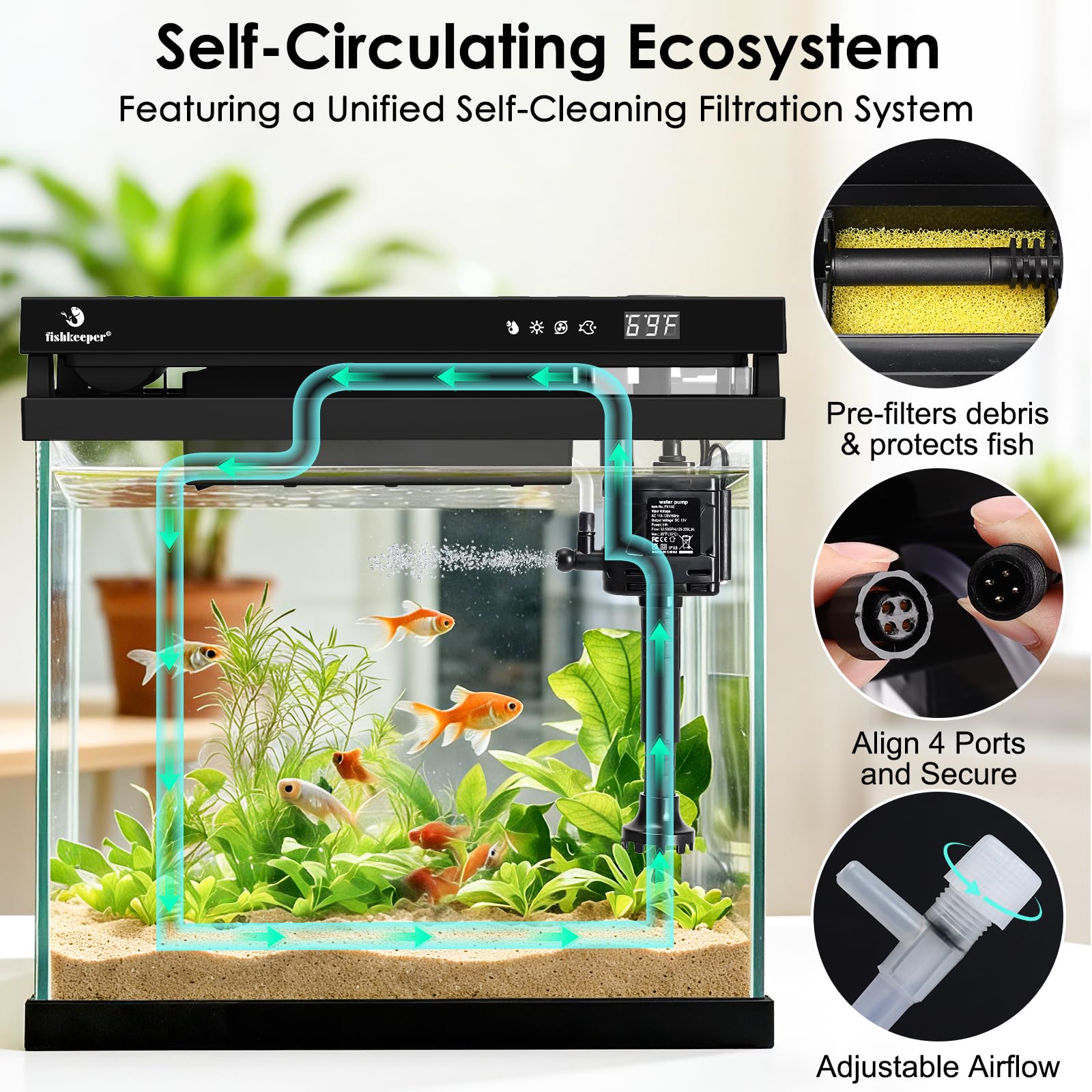 fishkeeper Acuario inteligente de 2.3 G, kit de pecera de vidrio HD con alimentador automático, bomba de filtro silencioso autolimpiable, aromaterapia, visualización de temperatura y luces RGB de 7