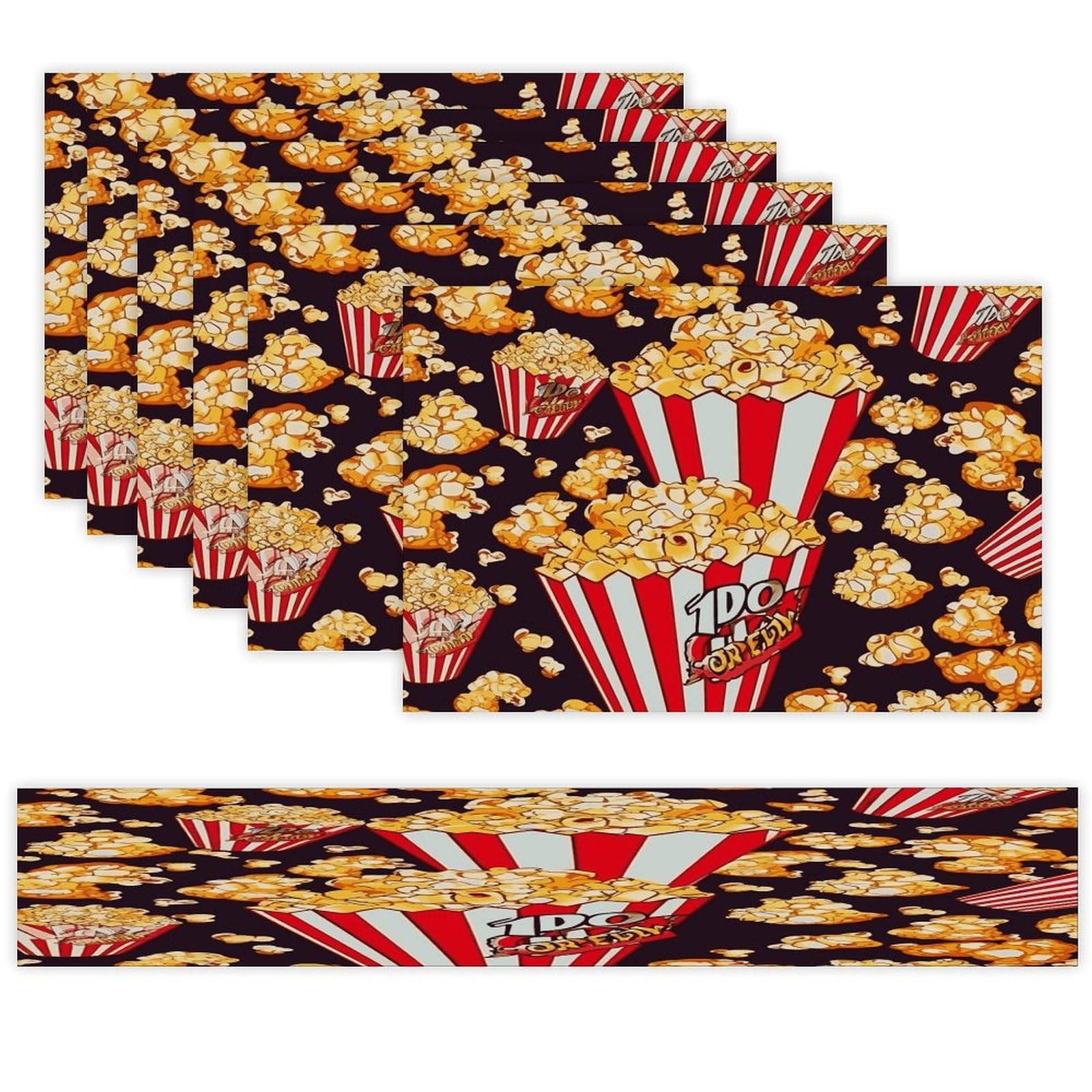 Popcorn Print Table Runner and Placemats Set of 6 Heat Resistant Table Runner Place Mats Modern Cloth Table Mat Washable Linen Placemat Festive Reusable Set