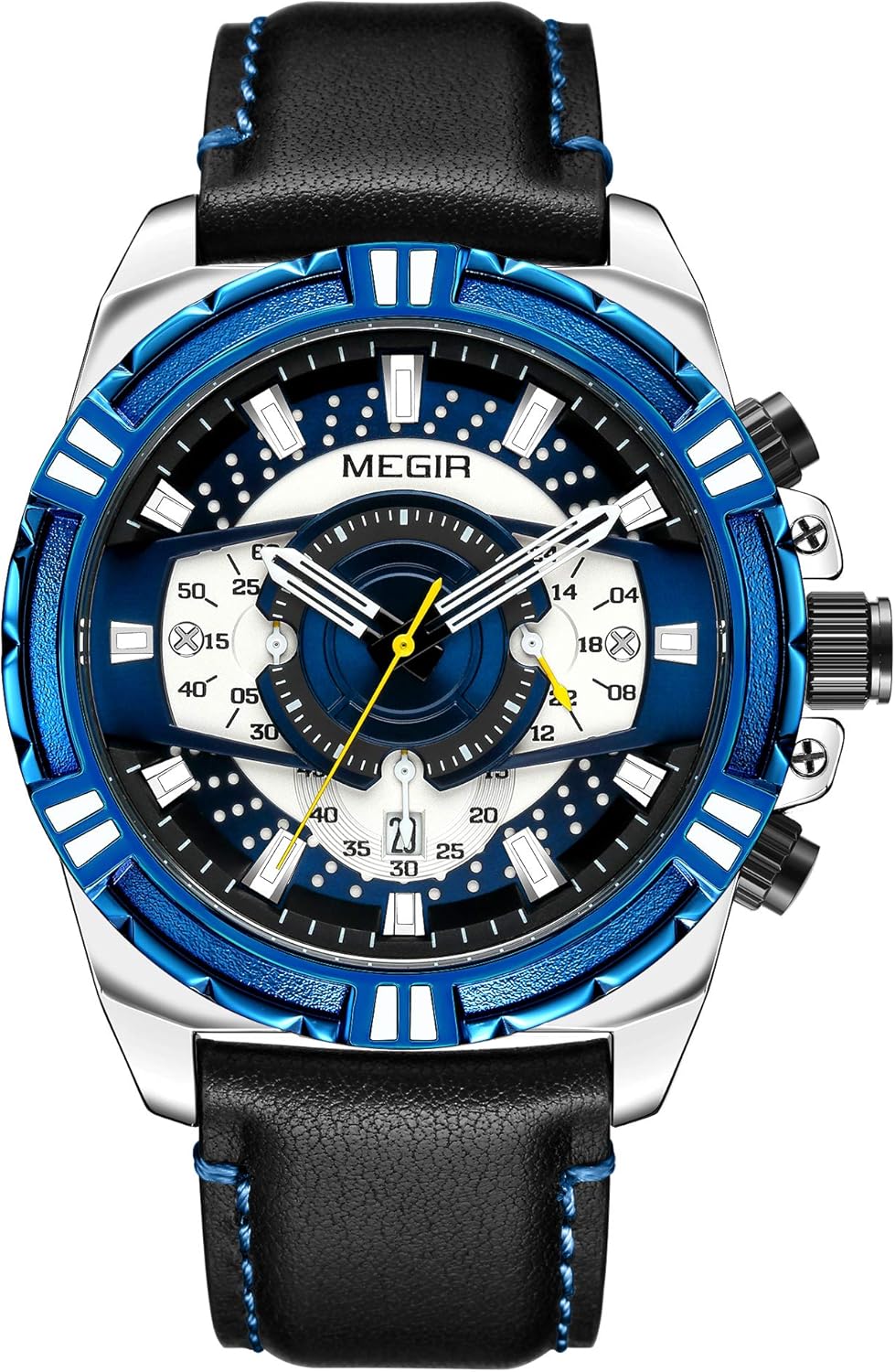 MEGIR Reloj de pulsera de cuarzo con correa de cuero para hombre de 24 horas de deportes al aire libre multifunción