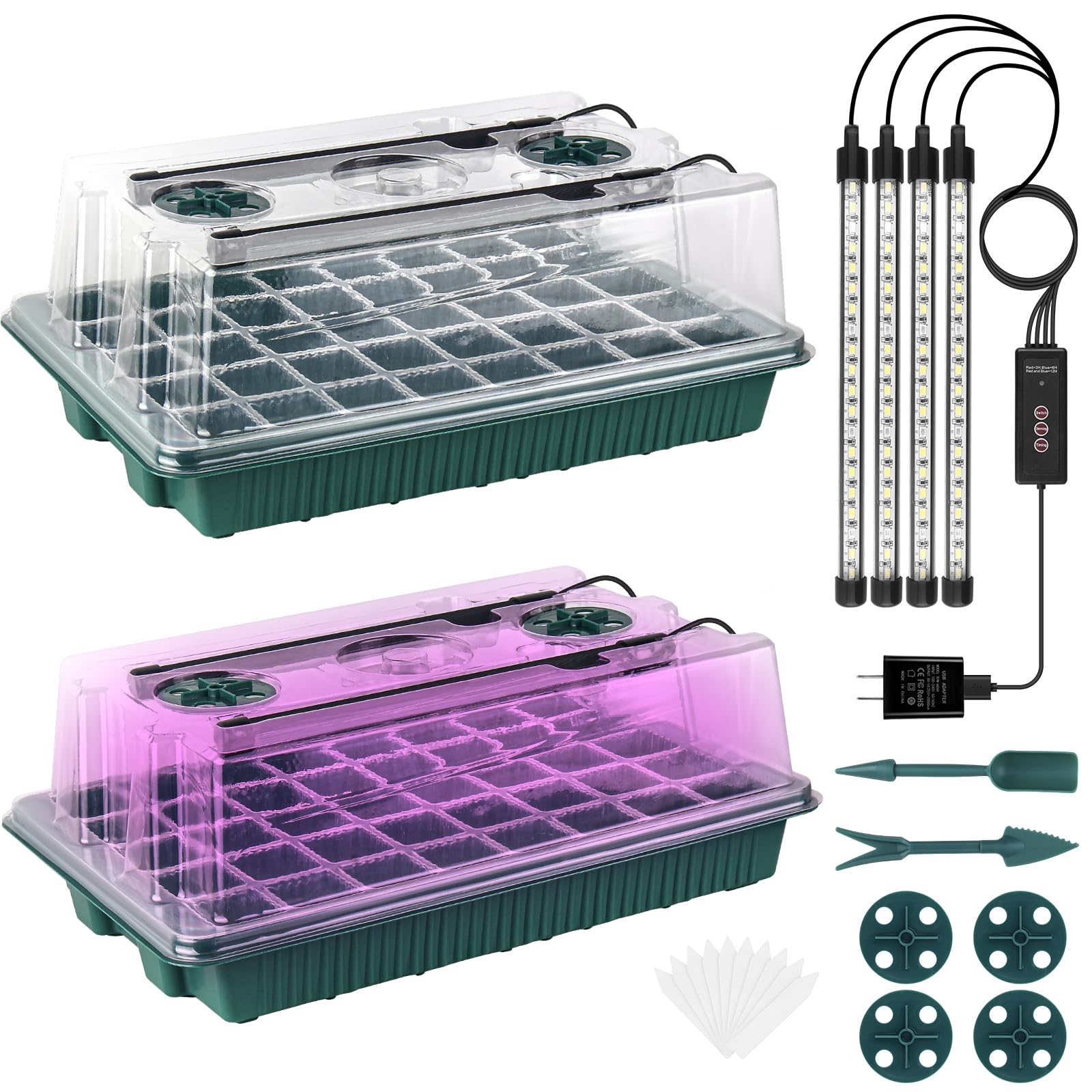 Sondiko Seed Starter Tray with Grow Light, 2 Packs 80 Cells Seed Starter Kit, Timing Controller Adjustable Brightness, Plant Starter Trays with Humidity Dome, Base for Plant Germination