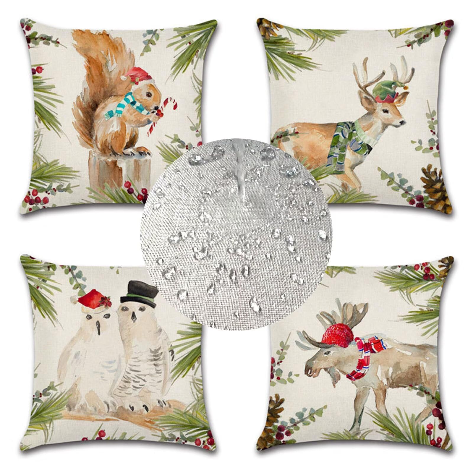 Housse Coussin Lot de 4 Noël Motif Oreiller 80x80 Coussin de Chaise Double Face Lin avec Fermeture éclair Cachée Housse de Canapé Animaux Decoration Chambre Chambre Salon Jardin Fauteuil Lit N-135