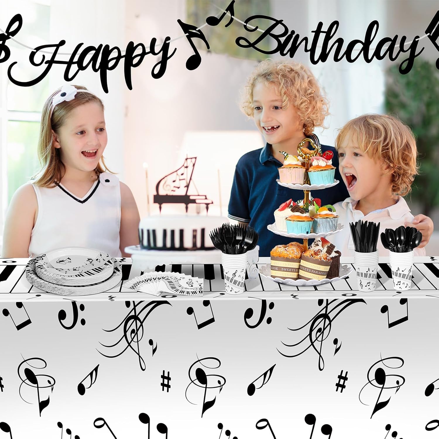 Tioncy 171 Pieces Musical Party Supplies Disposable Musical Notes Tableware Set Serves 24 with Plates Napkins Cups Banner Plastic Musical Tablecloths for Music Themed Birthday Party Decorations