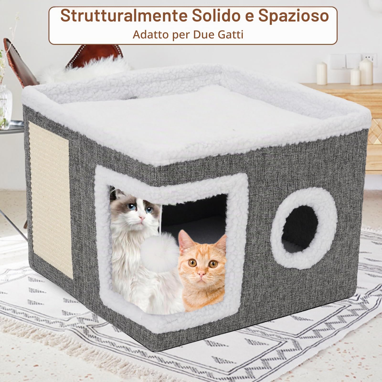 Casetta Pieghevole per Gatto,40 x 40 x 31 cm Con Palla di Peluche,Tiragraffi e Buco per Gatti,Adatto per Animali Domestici di Piccola e Media Taglia,Cuscino Double-face per Tutte le Stagioni