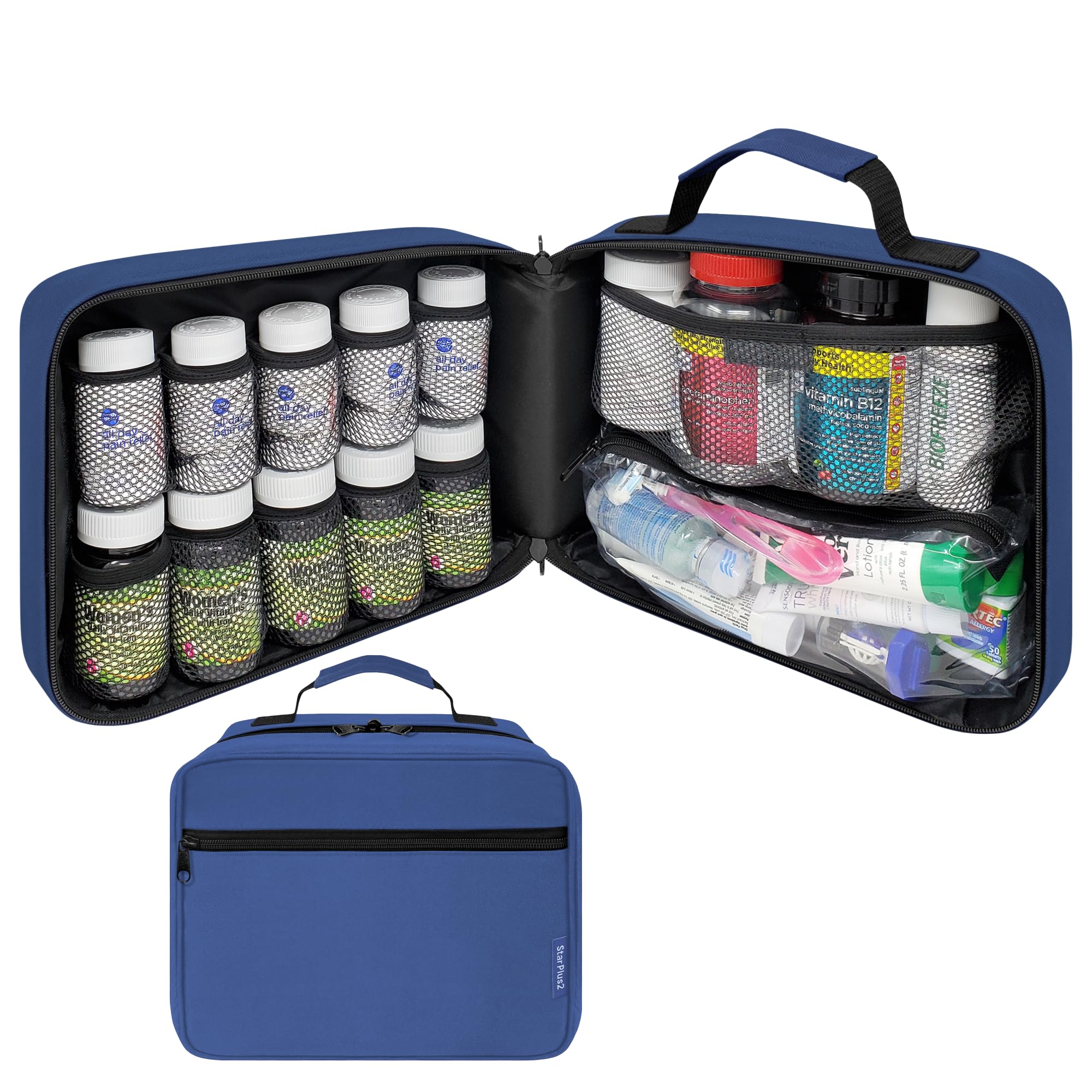 Large Padded Pill Bottle Organizer, Medicine Bag, Case, Carrier for Medications, Vitamins, and Medical Supplies - Travel Medicine Organizer and Home Storage Med Bag - Blue (Without Lock)