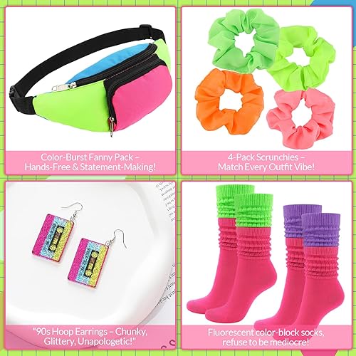 Miniatura 7 de Juego de accesorios para disfraz de los años 80, cangurera retro neón con banda para el pelo, calcetines holgados para fiesta de Halloween