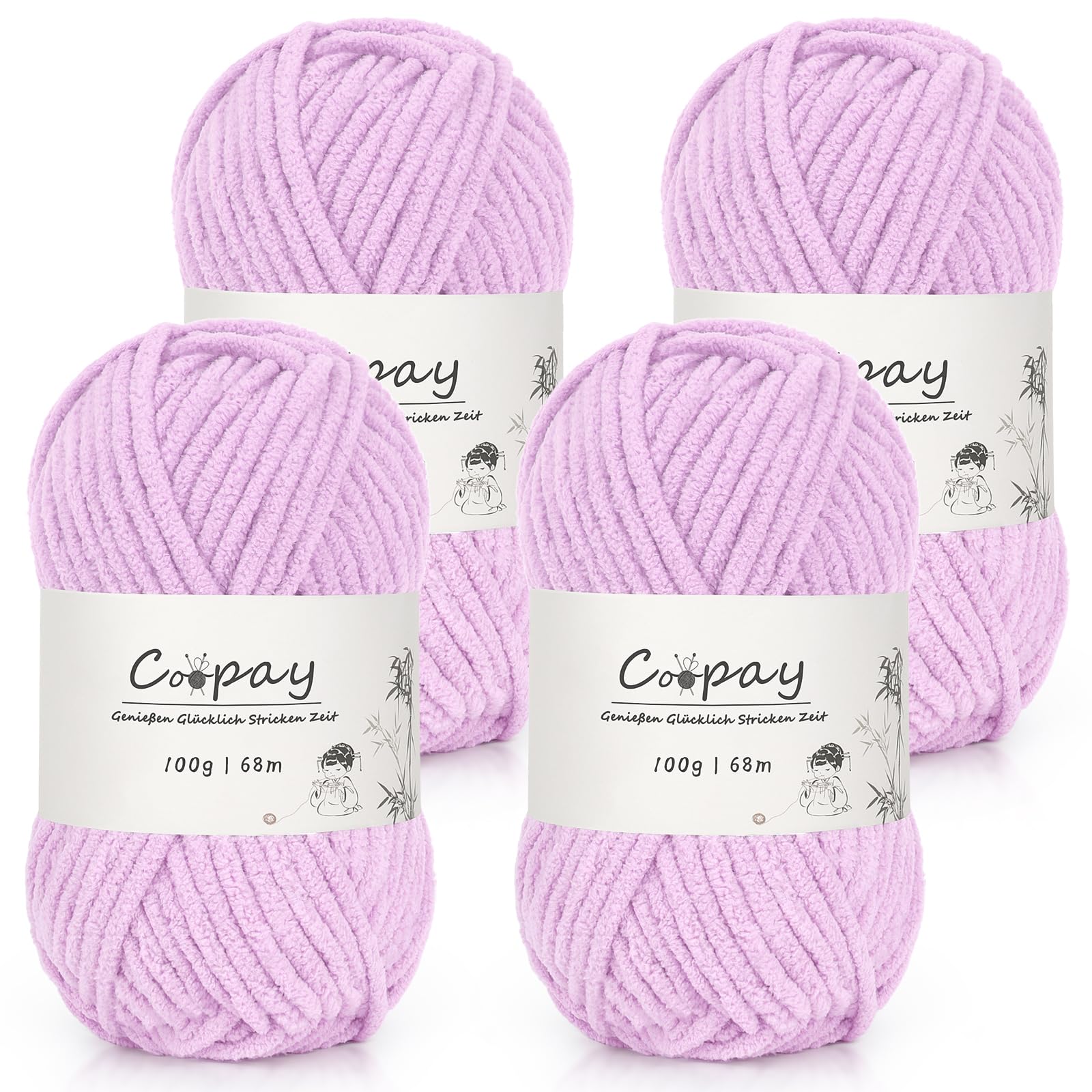 Coopay Chenille Chunky Wolle zum Häkeln Dickes Garn, 4 x 100g Dicke Wolle zum Stricken, Super Flauschig Weiches Wolle für Babydecke, Grobes Chenille-Garn für Decken, Schals, Taschen - Hellviolett