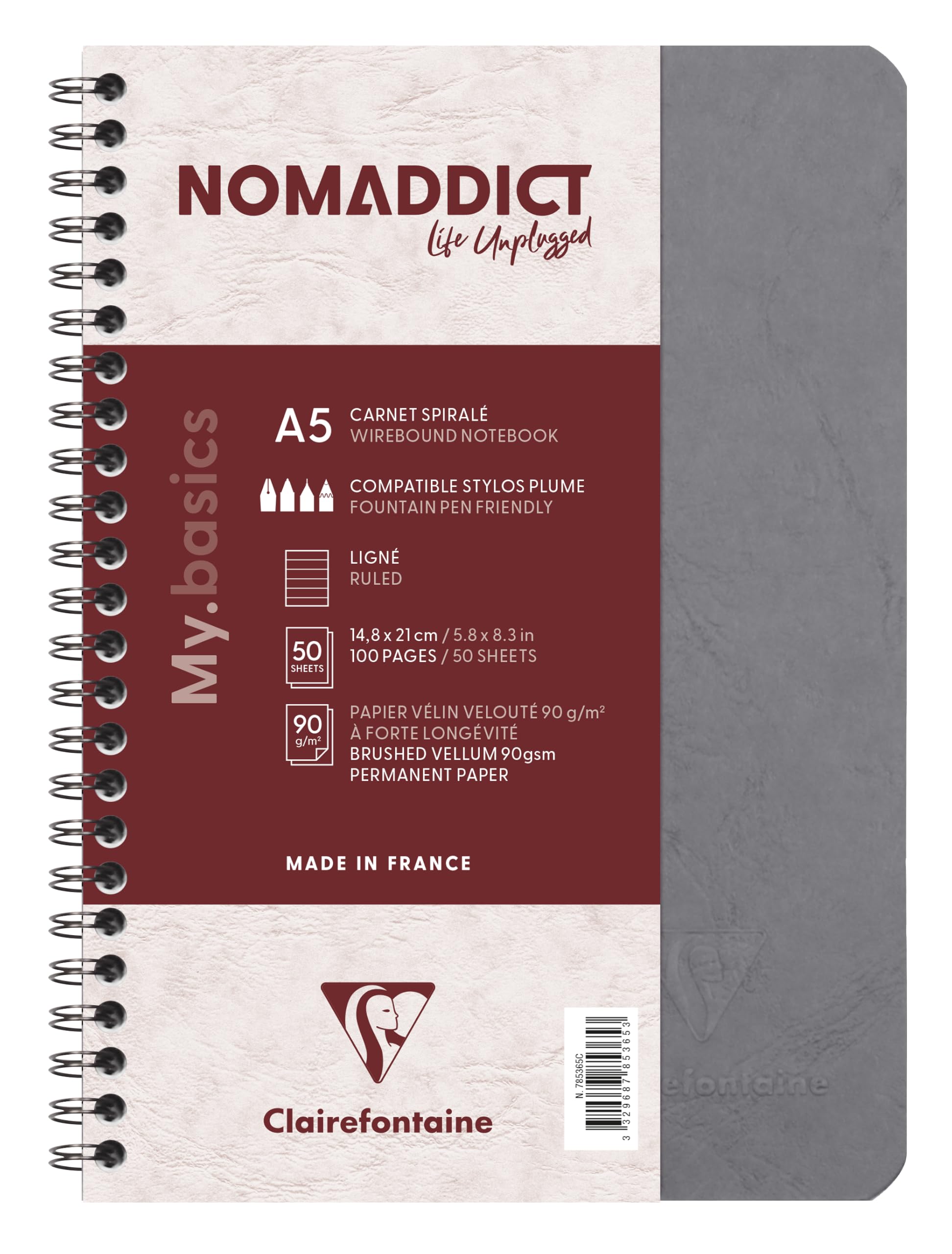 Clairefontaine 785365C Collection Age Bag A Grey Spiral Notebook - A5 14,8x21 cm - 100 Lined Pages - White Paper 90 g - Glossy Card Cover Leather Grain
