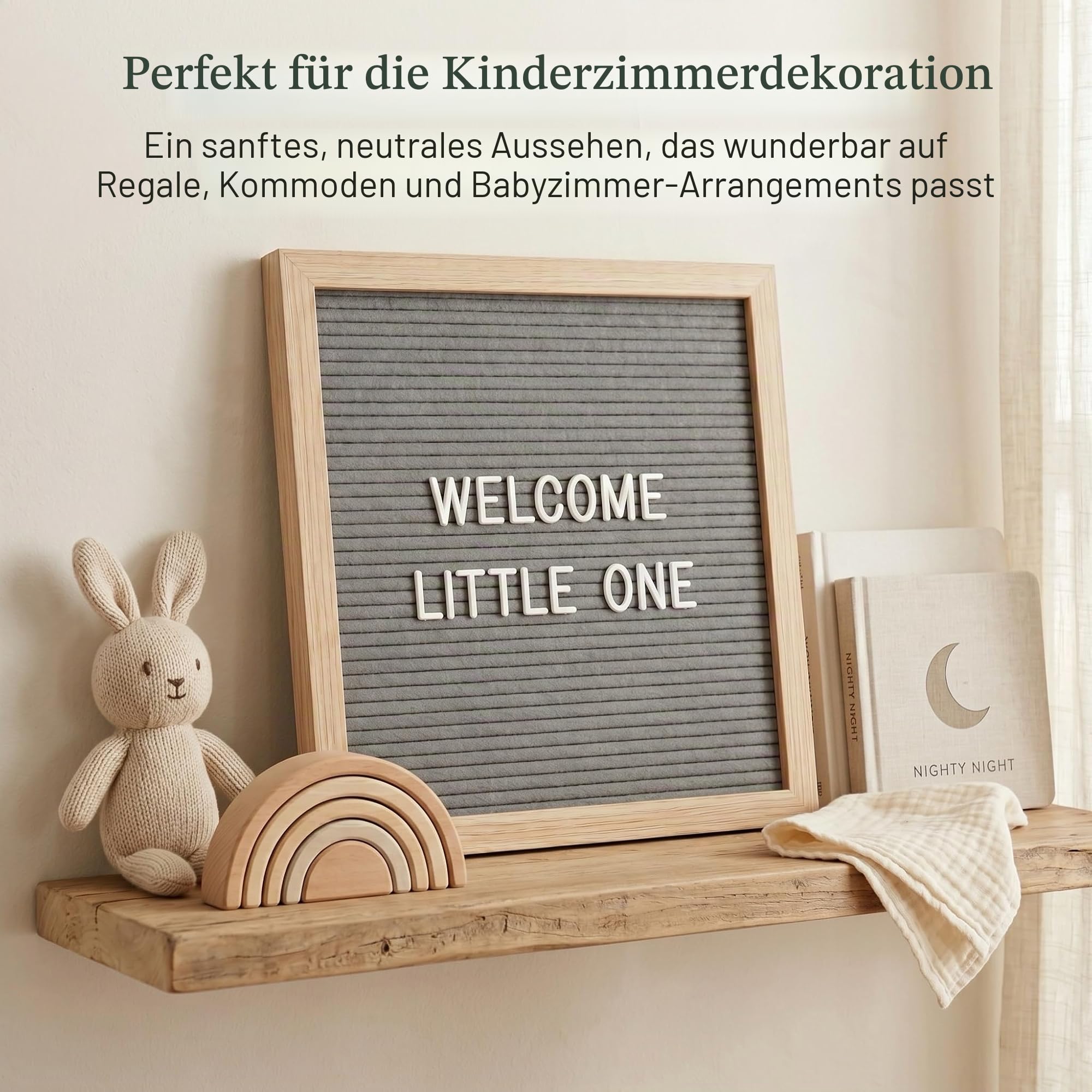 C CRYSTAL LEMON Buchstabentafel (Letter Board) 25 x 25 cm, grauer Filz, Holzrahmen, 336 Zeichen (Buchstaben, Zahlen, Symbole & Emojis) für Notizen, Deko & Fotos | Austauschbares Nachrichtenbrett mit neutralem grauem Filz, Holzrahmen und Tischständer für Z