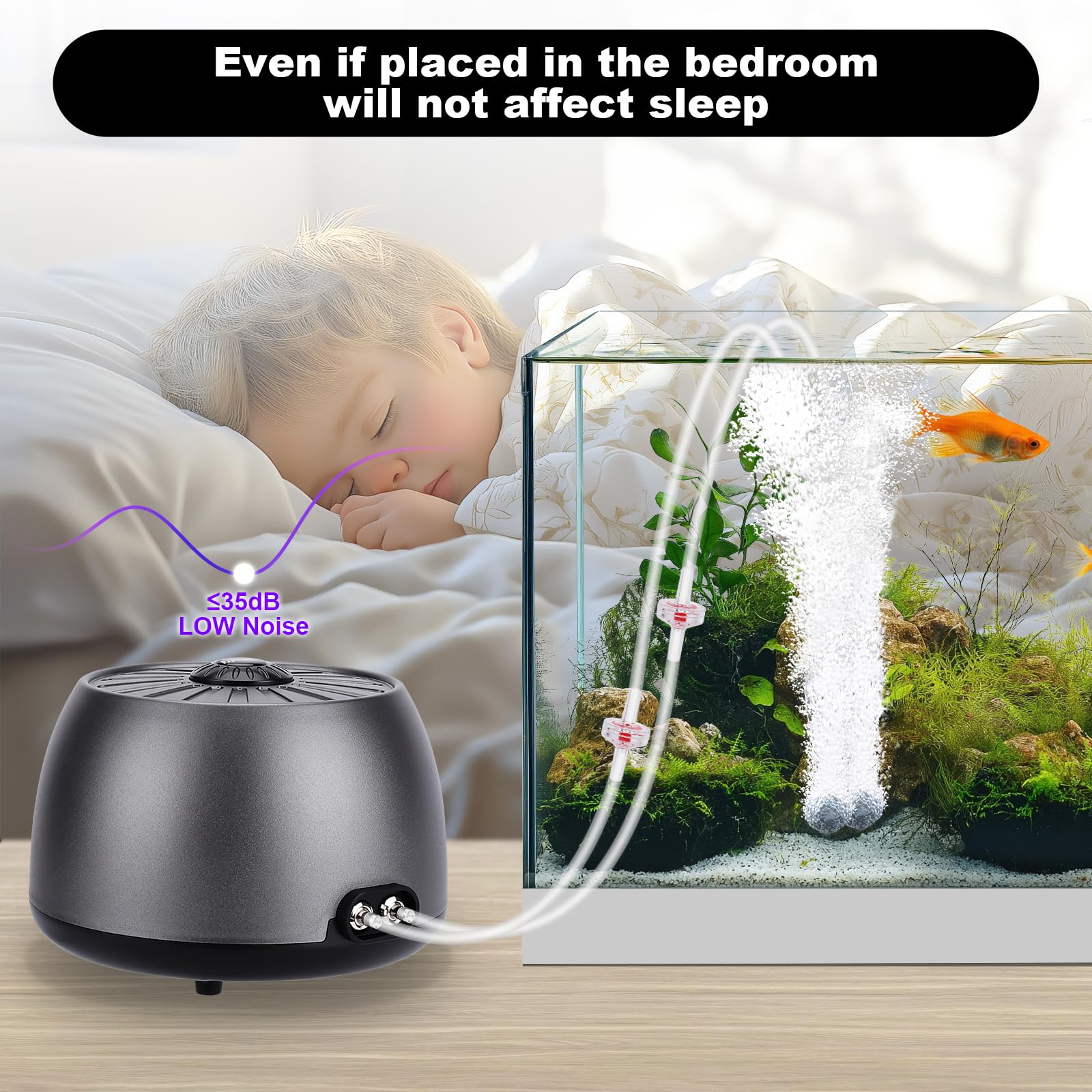 hygger Ossigenatore per Acquario <35 dB Regolabile Pompa di Ossigeno Silenziosa,Aeratore per Acquari con Pietra Porosa Accessori per Serbatoi