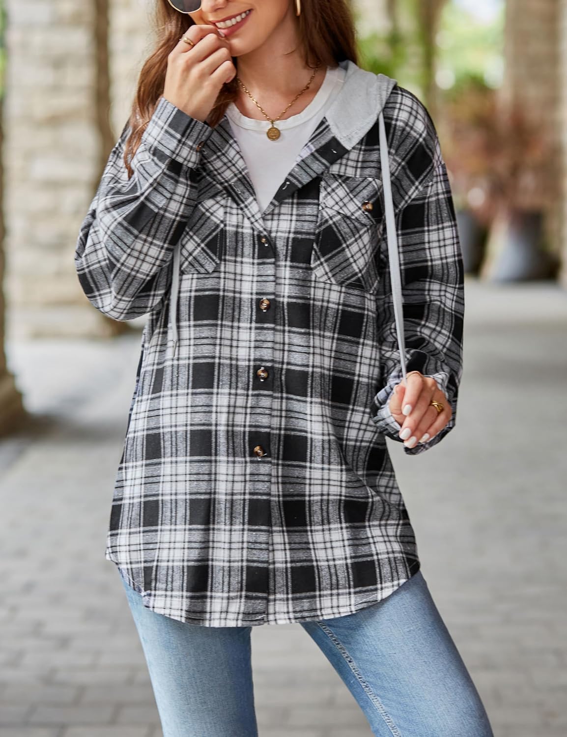 Mingzhu Womens Casual Hooded Flannel Plaid Shirts Button Down Hoodie Shacket with Pockets - Image 5