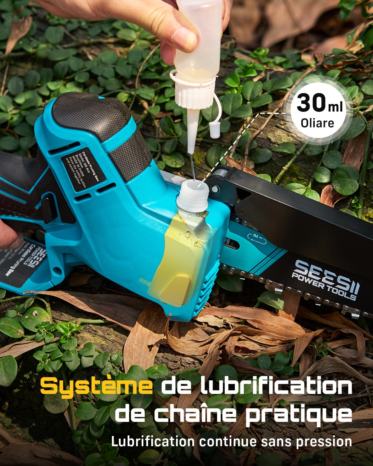SEESII Mini Tronconneuse à Batterie 6 Pouces, Tronçonneuse Électrique Sans Balais, avec 2 * 4000 mAh Batterie, Lubrification Automatique, Compatible Makita 18V, Idéal Extérieur & Jardinage