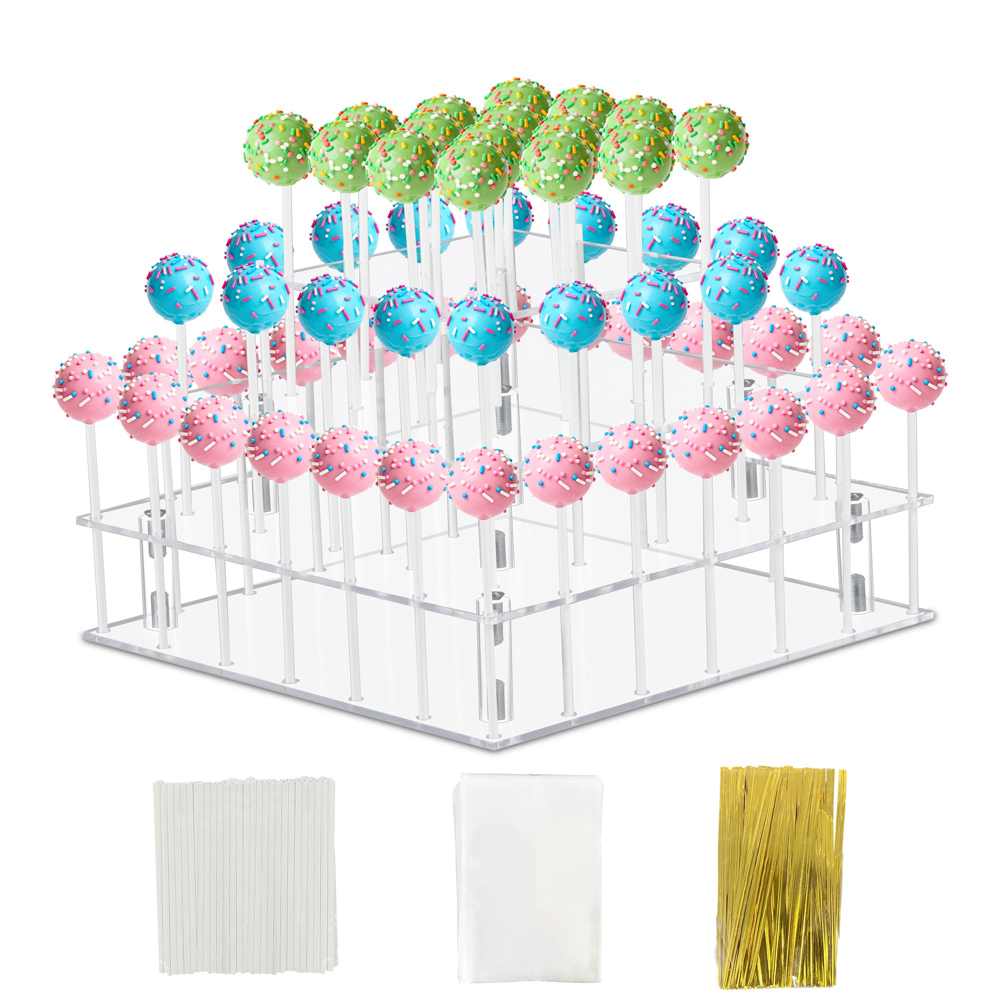 Cake Pop Stand with Wrappers, 3 Tier Square Cakepop Display Stand for Drying, 56 Holes Lollipop Holder for Party Candy Bar Baby Shower Wedding