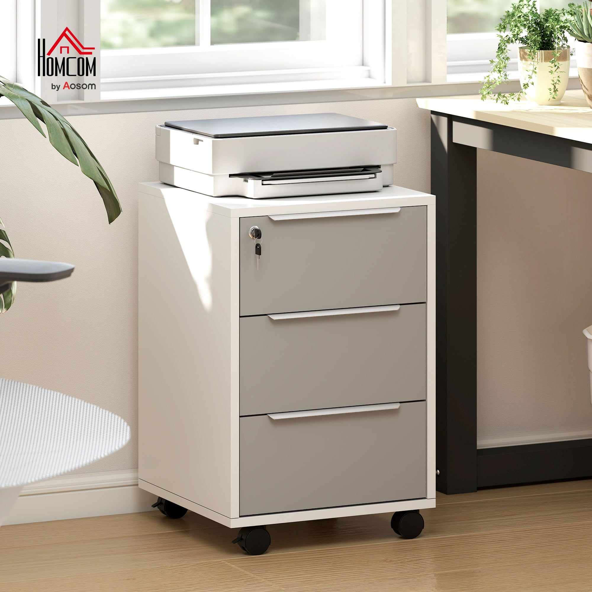 HOMCOM Schedario da Ufficio con 3 Cassetti 40x40x63.5 cm Bianco e Grigio | 4 Ruote, Cassettiera Ufficio, Serratura con 2 Chiavi, Documenti Lettera/A4, Armadietto Verticale da Studio