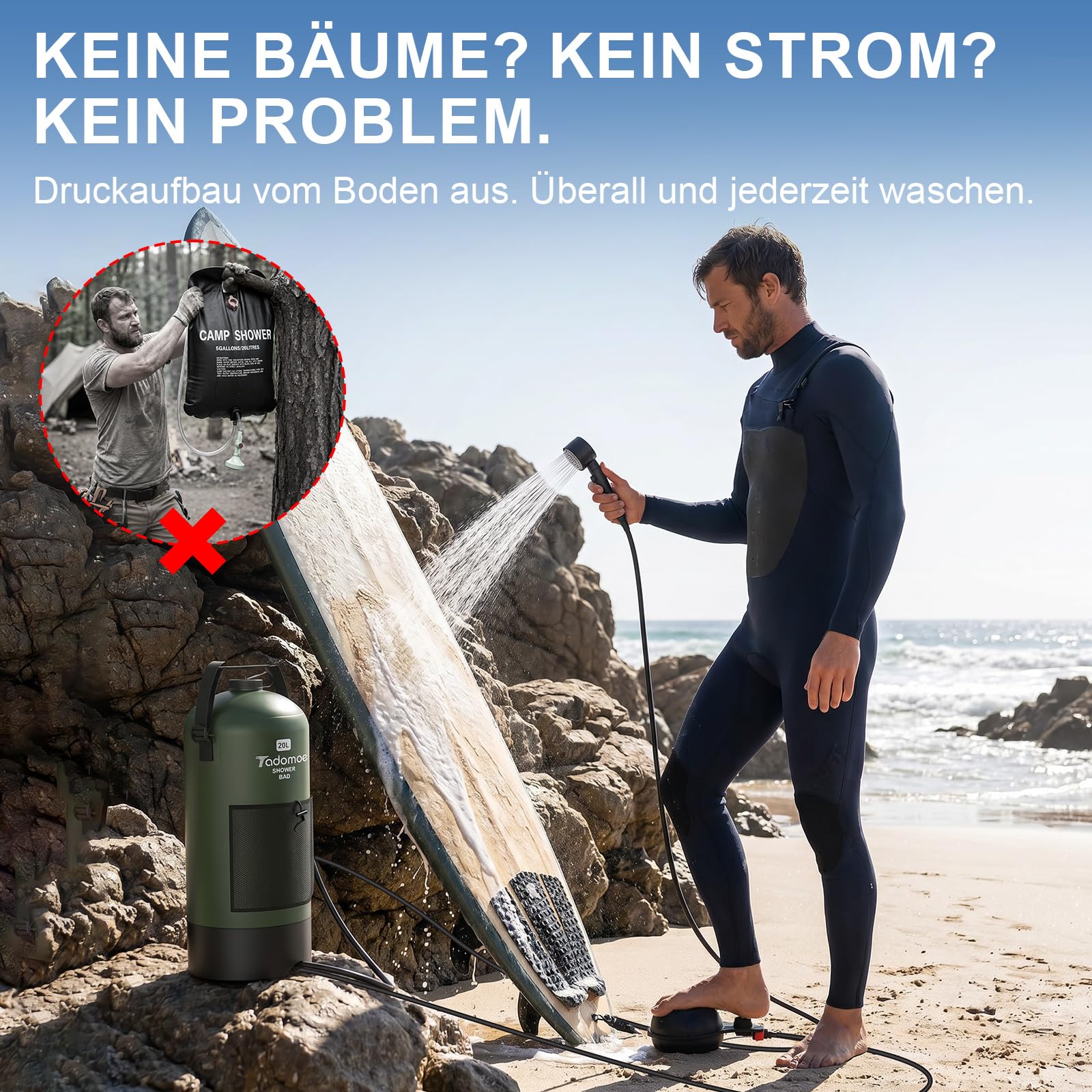 20 Liter Camping Dusche mit Fußluftpumpe, Solardusche mit Camping-Tasche Und Düse für Camping Strand Wandern Reise