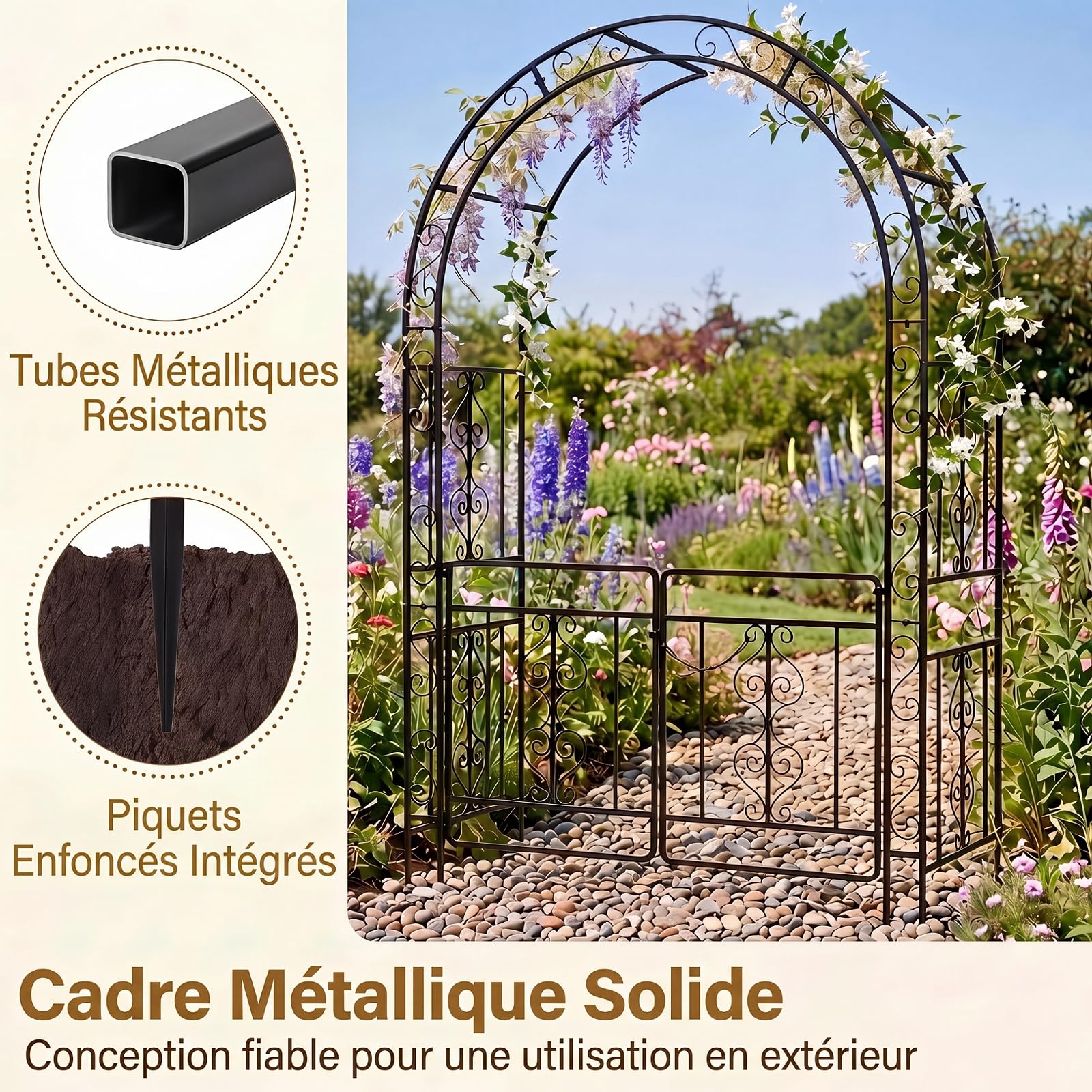 GYMAX Arche de Jardin Extérieure en Métal, Support pour Plantes Grimpantes | Double Portillon Verrouillable, pour Rosiers et Vignes, Décoration pour Pelouse Allée Mariage Fête, 135 x 60 x 213 cm