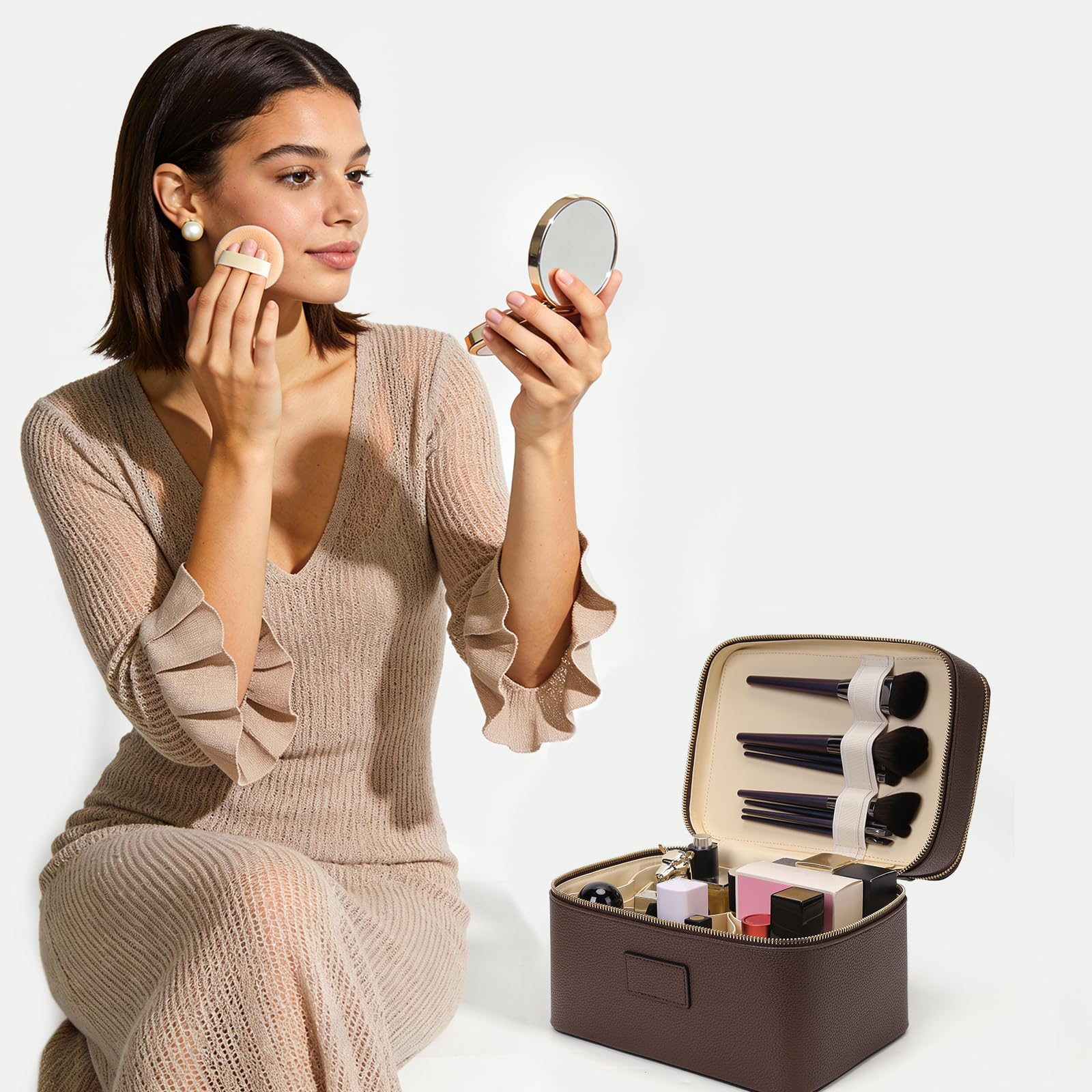 HiTotes Make-up-Tasche für Damen, groß, Leder, Make-up-Kulturbeutel, Reise-Kulturbeutel, doppellagig, Kosmetiktasche für den täglichen Gebrauch, A01-Kaffee, 9.45in, Kosmetikkoffer