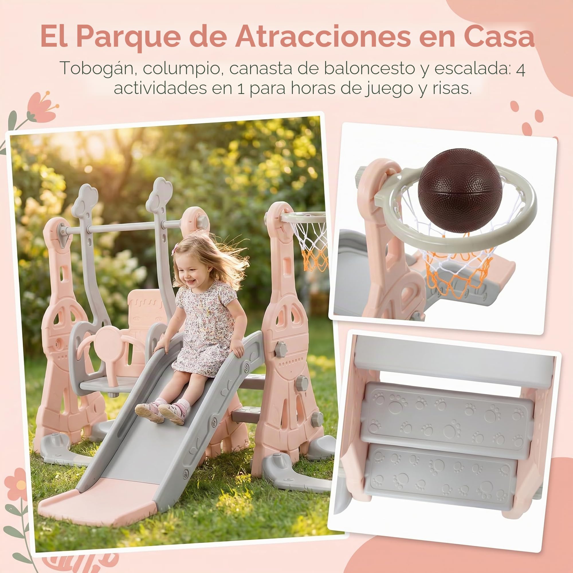 4 en 1 tobogán para niños, tobogán para bebés con anillo de baloncesto, toboganes, escaleras, columpios, tobogán multifunktionale interior y exterior para niños pequeños y preescolares (rosa)