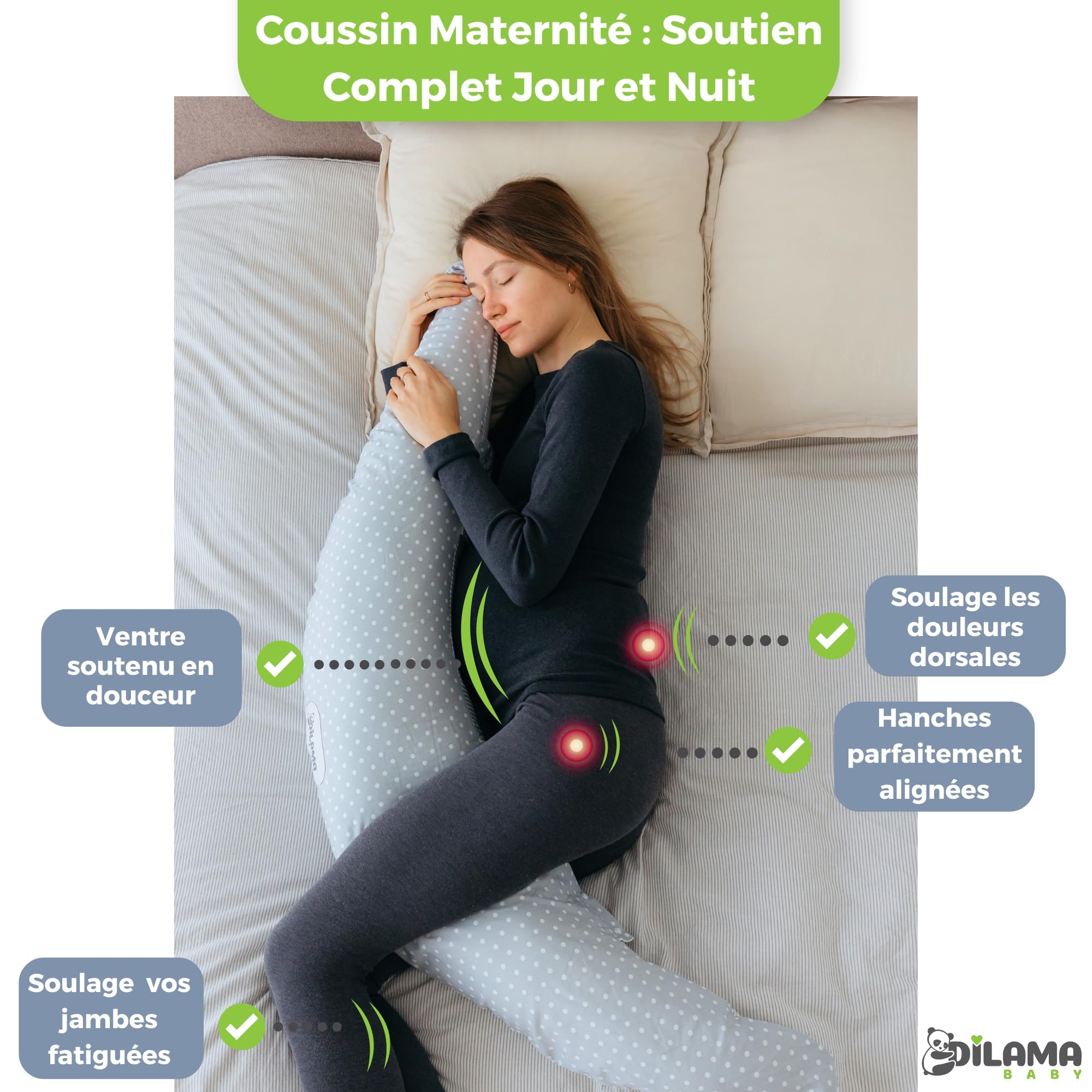 Dilamababy Coussin de Grossesse et d’Allaitement en Flocons de Mousse Mémoire et Boules de Fibre – Oreiller de Maternité Ergonomique – Housse Coton Amovible – Fabriqué en Italie