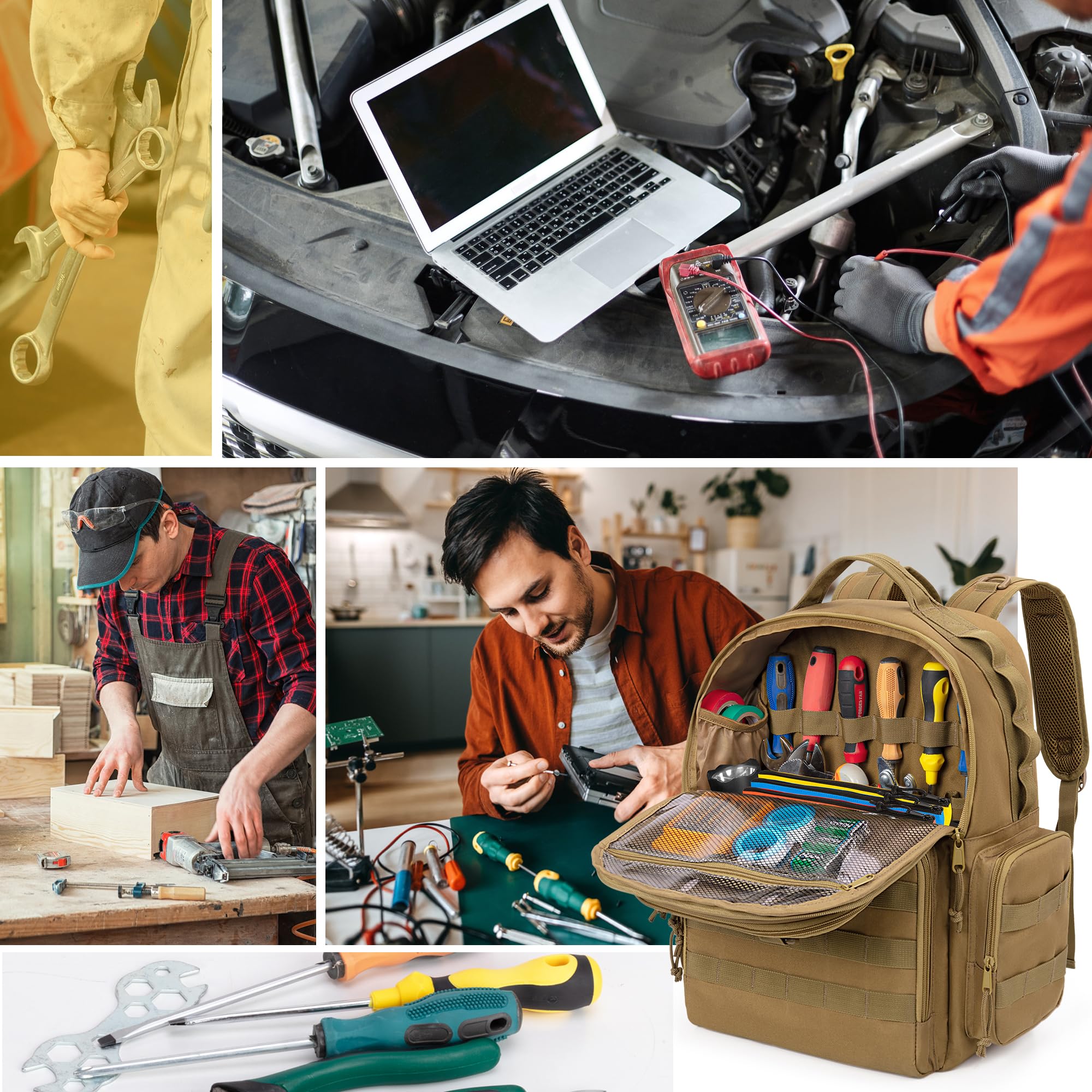Rexmica Werkzeugrucksack für Herren mit 3 Kleine Werkzeugtaschen, Khaki | Organizer-Tasche zur Werkzeugaufbewahrung, Taktische Arbeitswerkzeugtasche für Elektriker, Handwerker
