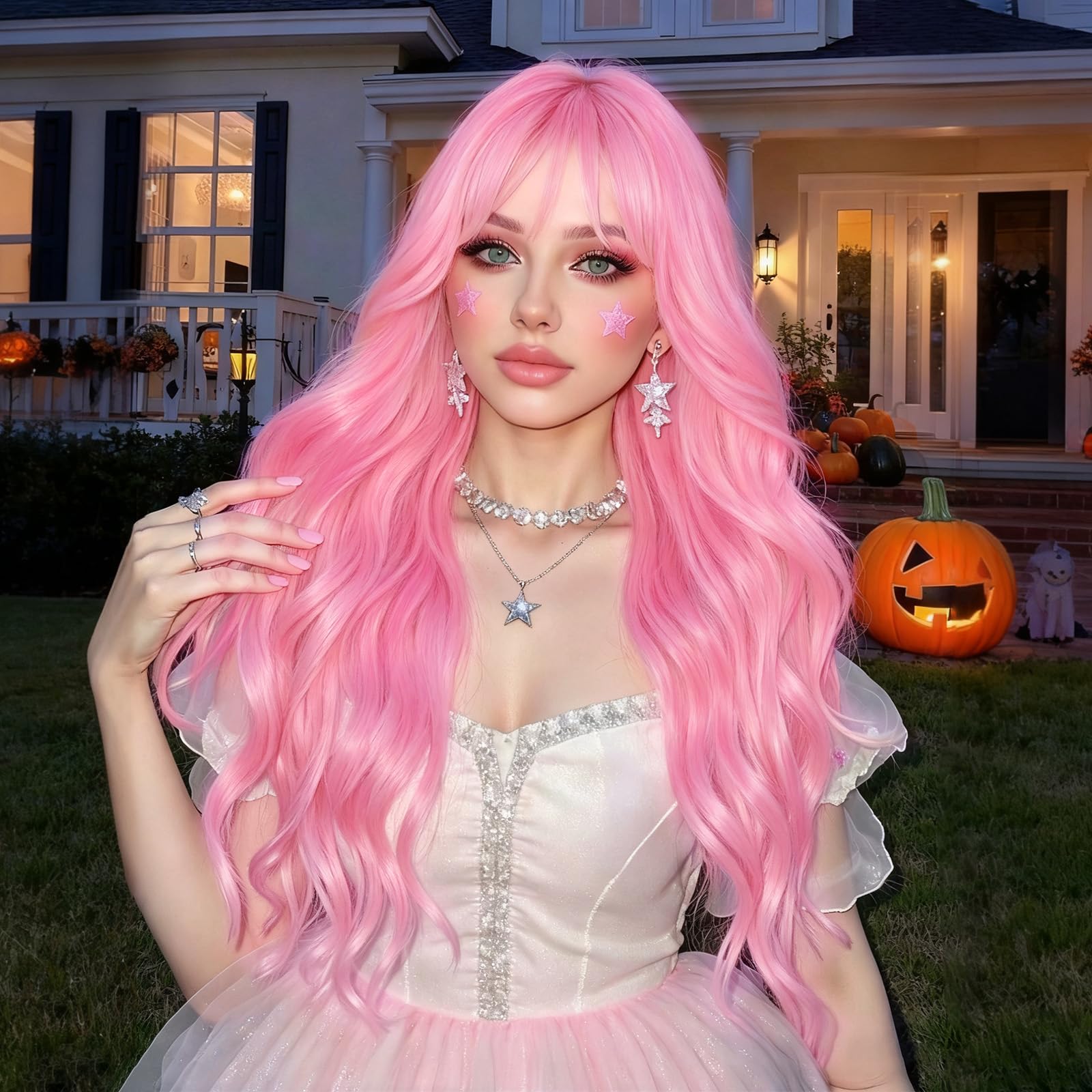 NOSTALGIA Pink Wig With Bangs Hot Pink Wigs for Women 26nch Heat Resistant Synthetic Hair, Natural Curly Synthetic Wig for Party Cosplay Daily Use