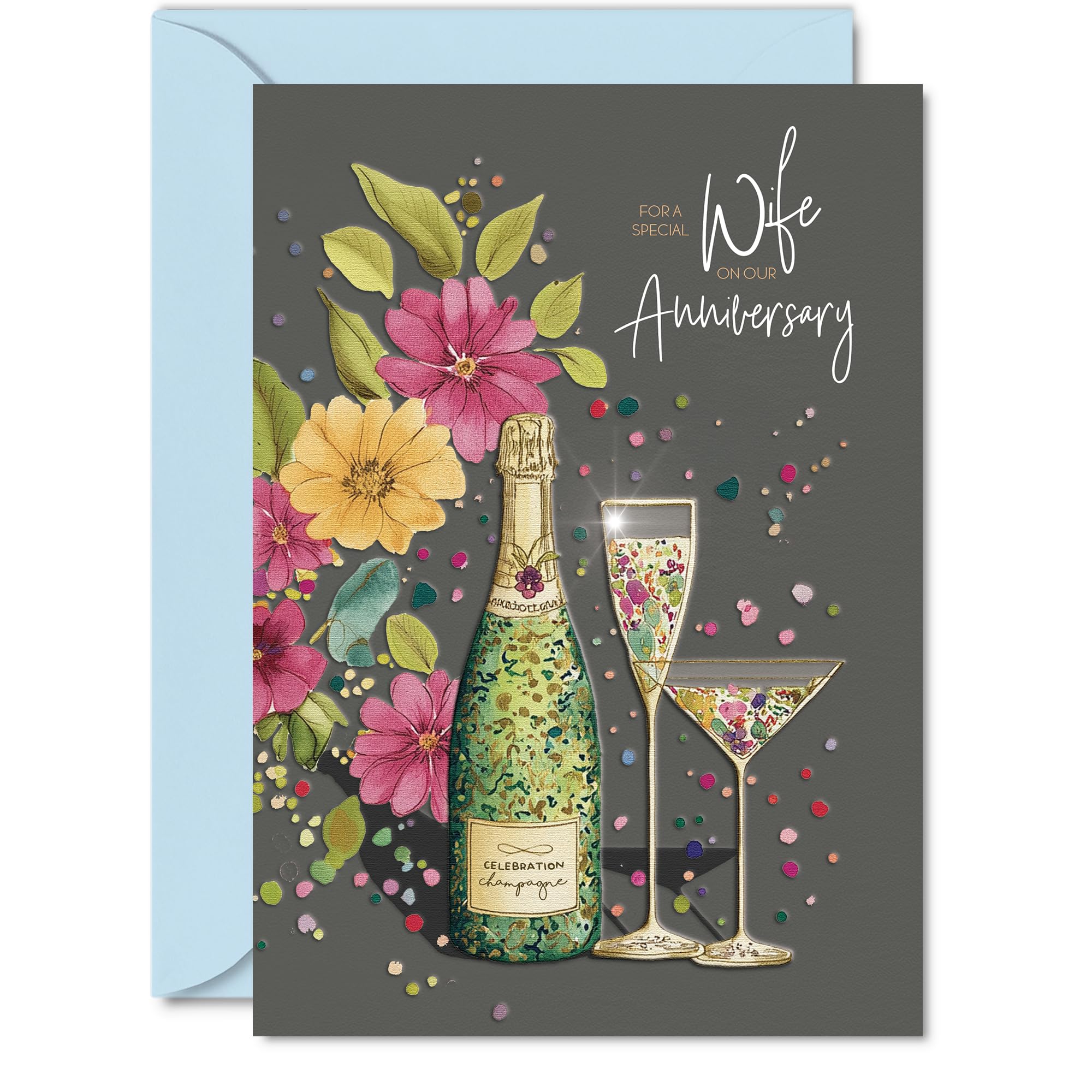 Romantic Anniversary Card for Wife - Celebrate Our Love in Style - Elegant Flowers and Champagne Illustration - Classic Romance with a Modern Twist - A5, Envelope Included
