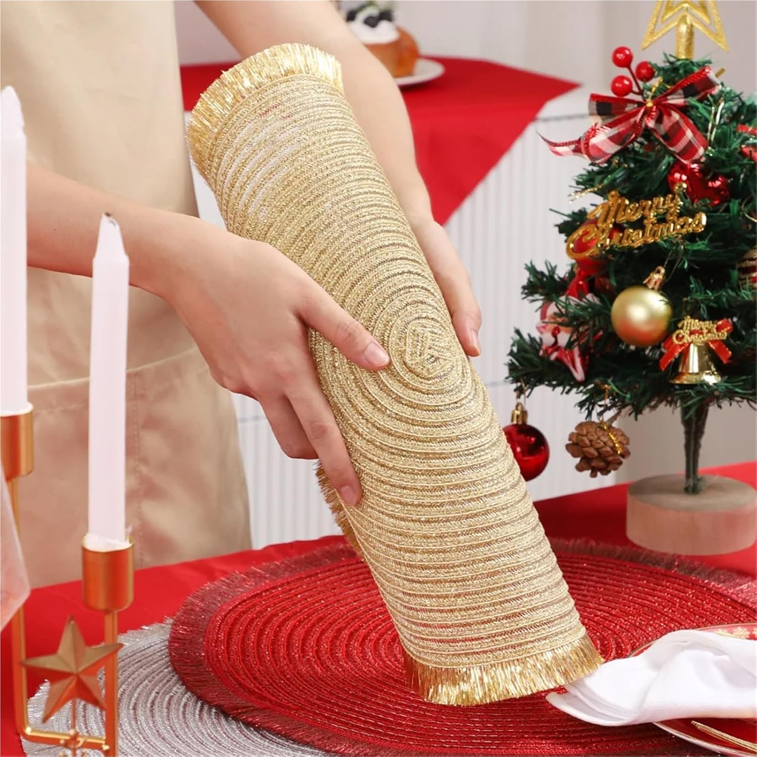 1piece Table Decor Placemat PP Shiny Silk Tassel Placemat Festival Dining Table Insulation Mat Cup Pad Pot Bowl Mat(Silver)