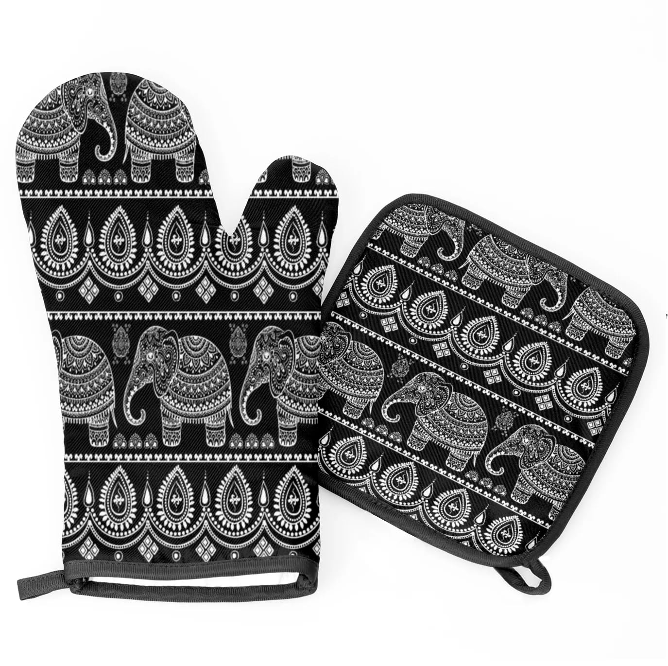 Hand Painted Elephant Vintage Floral Oven Mitts Kitchen Oven Gloves for Cooking Baking Heat Proof Lining Cotton Kitchen Potholder Mittens Pot Holders Hot Pads for Chef Women Men