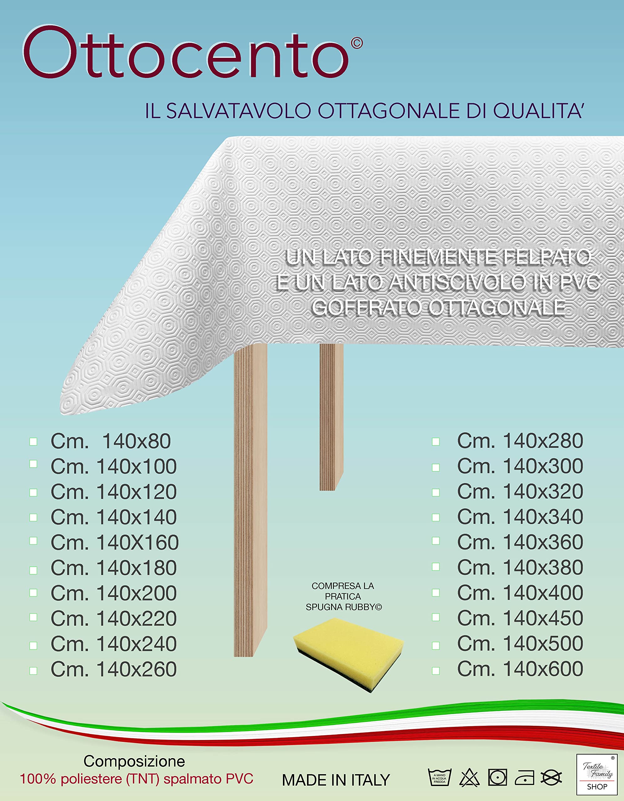 Tex Family Ottocento – Sottotovaglia Mollettone Salva Tavolo Bianco – PVC Gommato Antiscivolo e Feltro Antiurto 3 mm – Copritavolo Proteggi Tavolo Antimacchia Lavabile – Made in Italy – Cm. 140x260