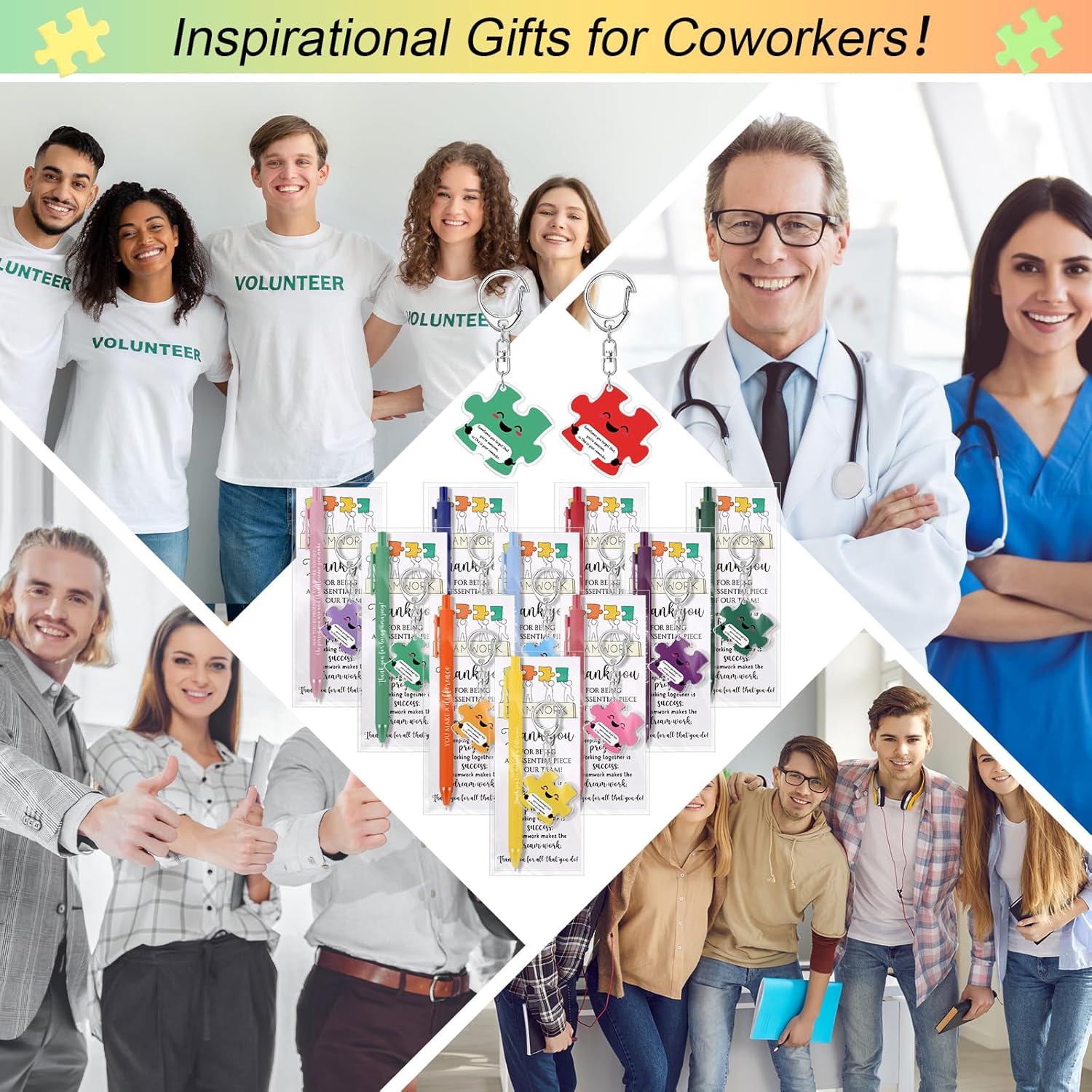 Dunzoom 50 Set Employee Appreciation Gifts Bulk for Teacher Nurse Nursing Assistant Volunteer Admin Staff Office Coworker Team Work Puzzle Piece Keychains & Thank You Pens (Sometimes You Forget)