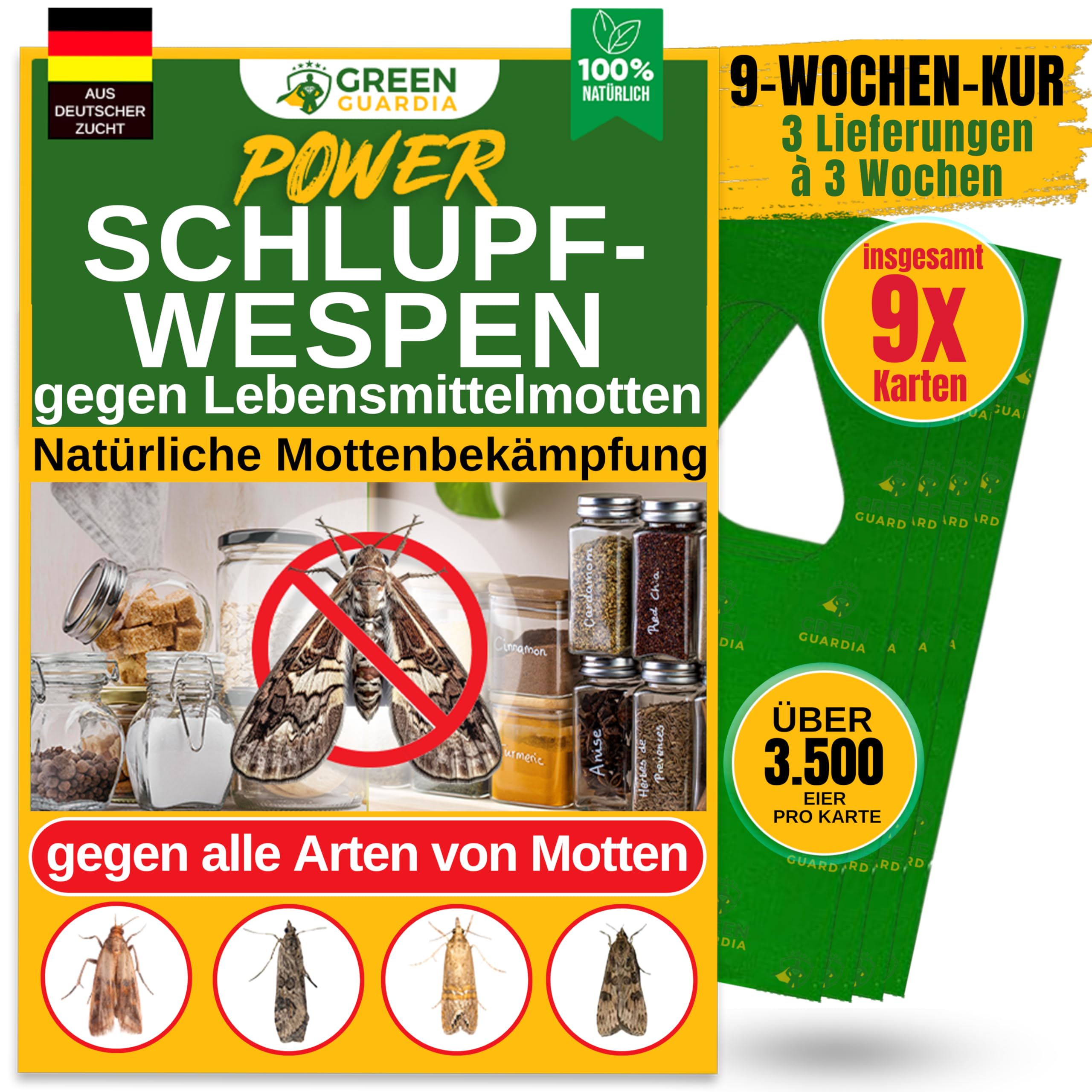 GREEN GUARDIA Avispas contra polillas alimentarias, 3 tarjetas a 3 entregas, combatir eficazmente y ecológicamente las polillas de los alimentos, alternativa a la trampa de polillas, spray de polillas