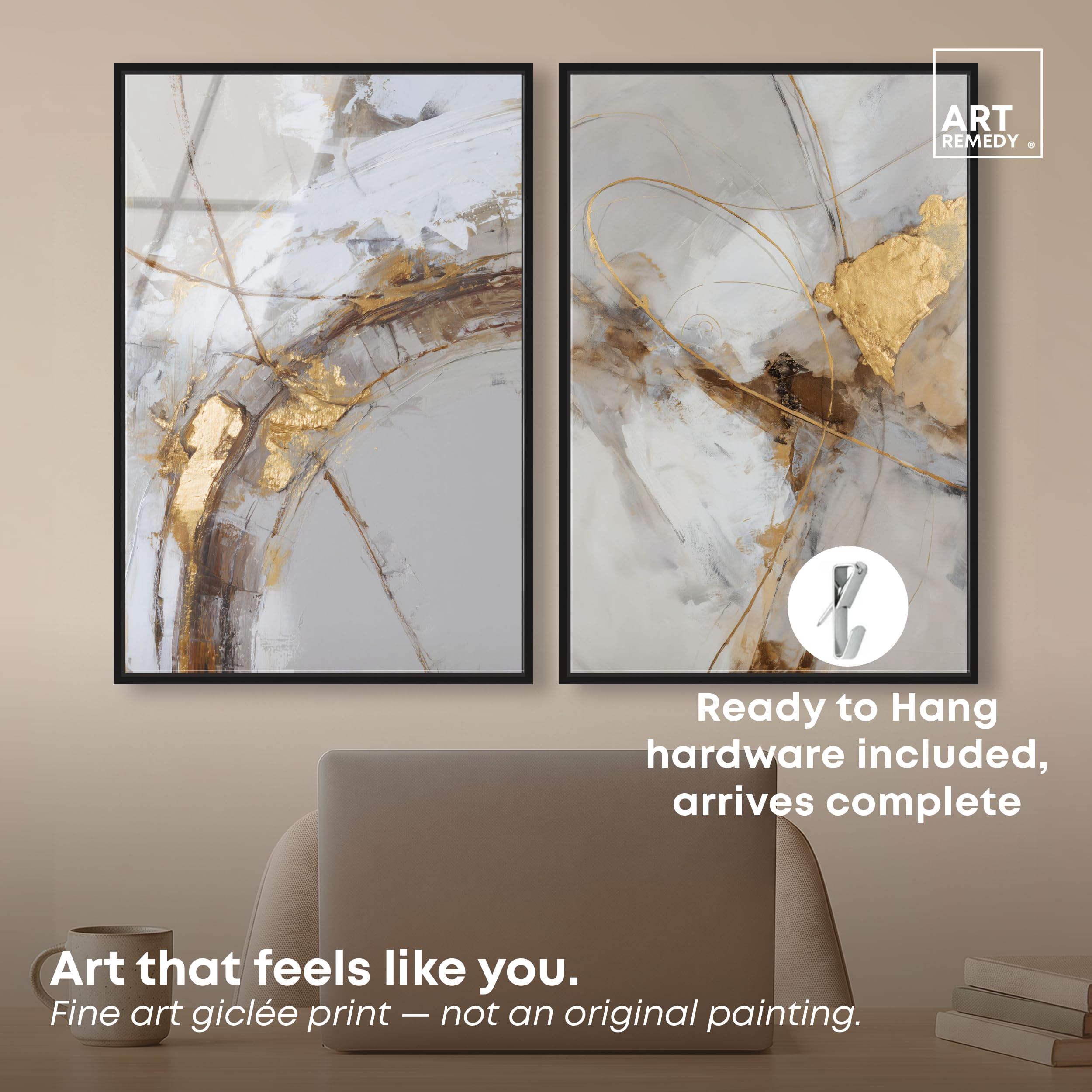 Art Remedy Golden Radiance Abstrakter gerahmter Acryldruck, Bürowanddekor-Set, schwarzer Rahmen, 40,6 x 61 cm