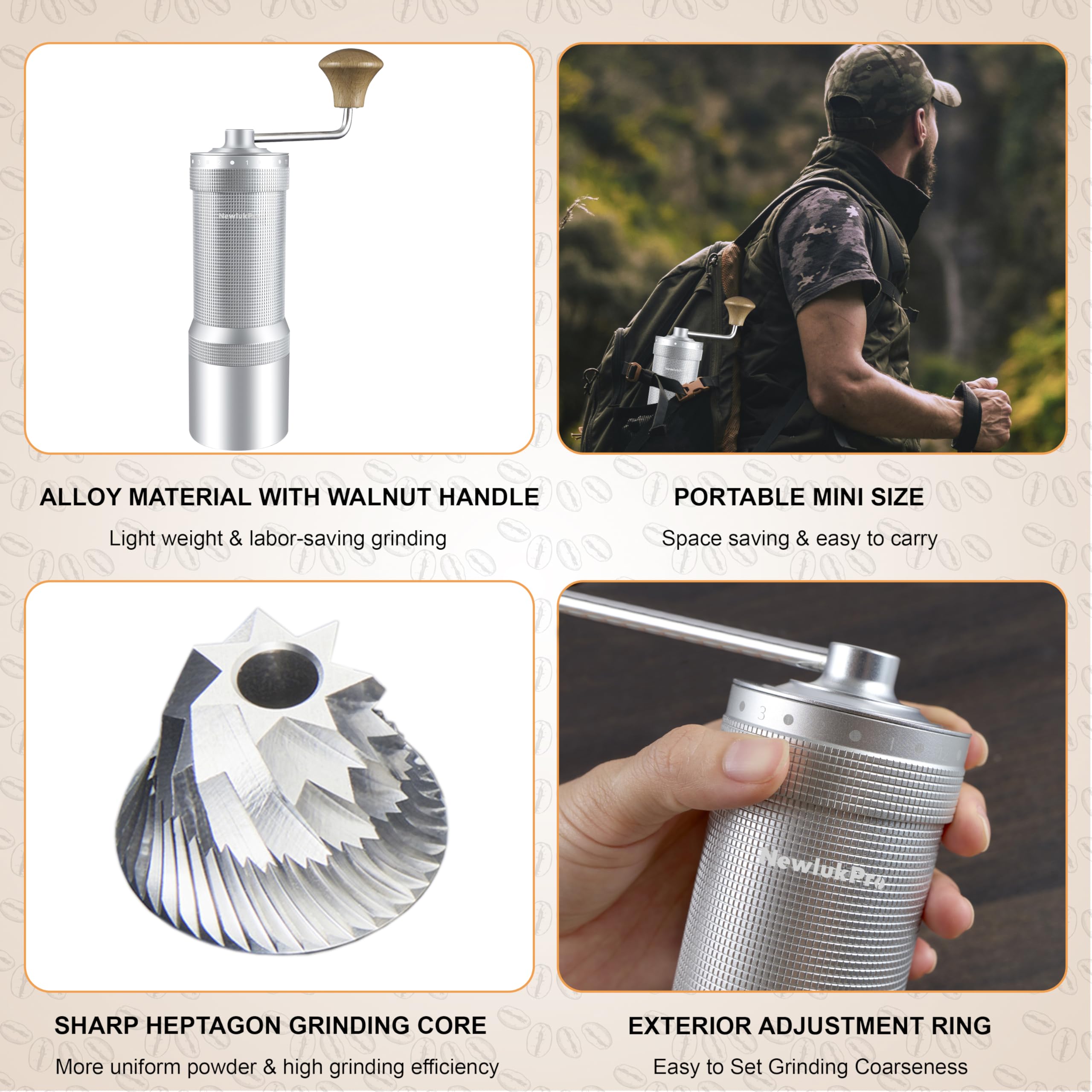 Molino de café newlukpro m7 manual, aforo 35g, afilado Burr de siete segmentos, 48 ajustes de molienda externos, para molino de café manual vertido sobre espresso francés