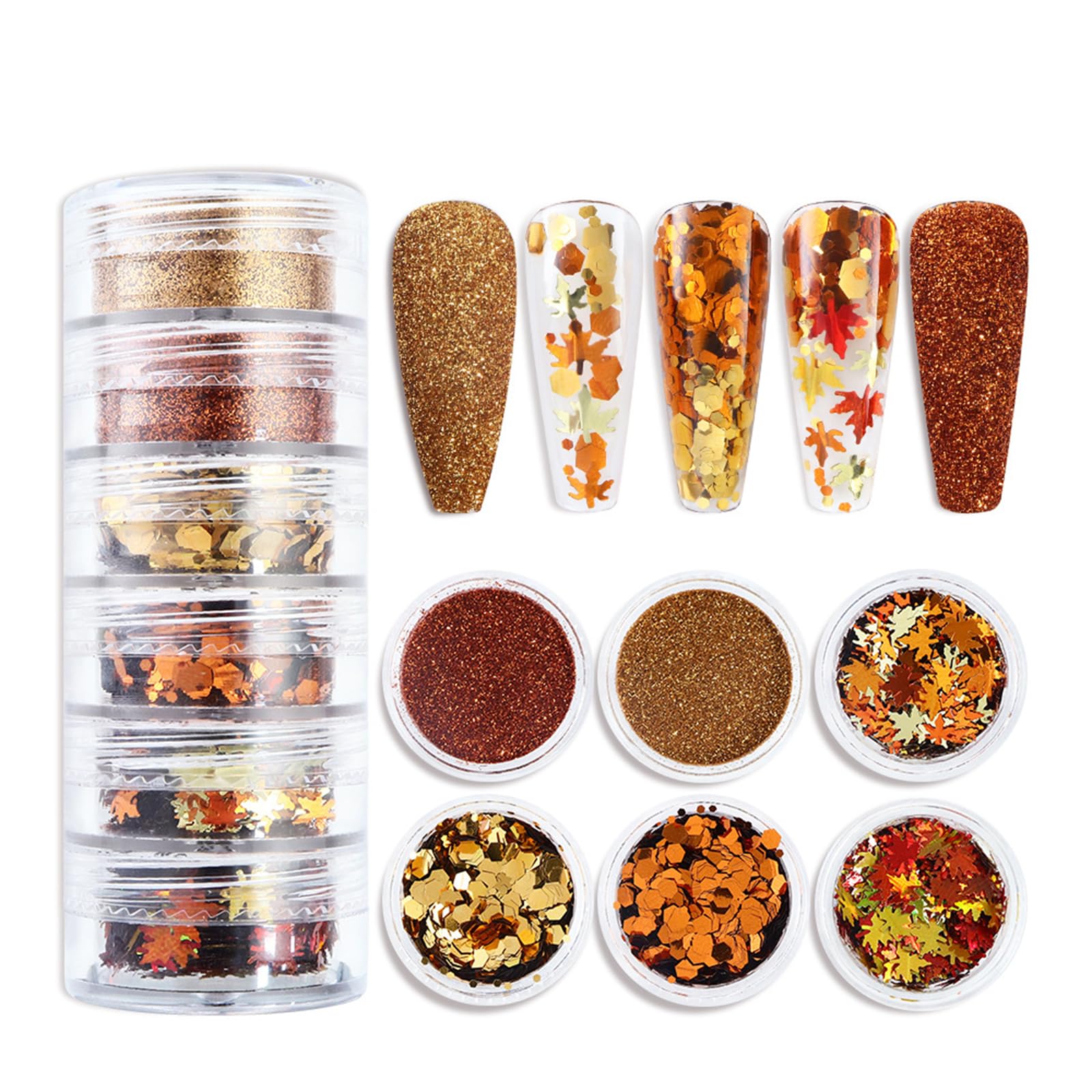 Golden Fall Nail Art Glitters Maple Leaf Nail Sequins Set of 6 Jars, Autumn Leaves Nail Art Decorations Accessories 3D Maple Leaves Nail Decals Holographic Fall Leaves Glitters for Women Manicure