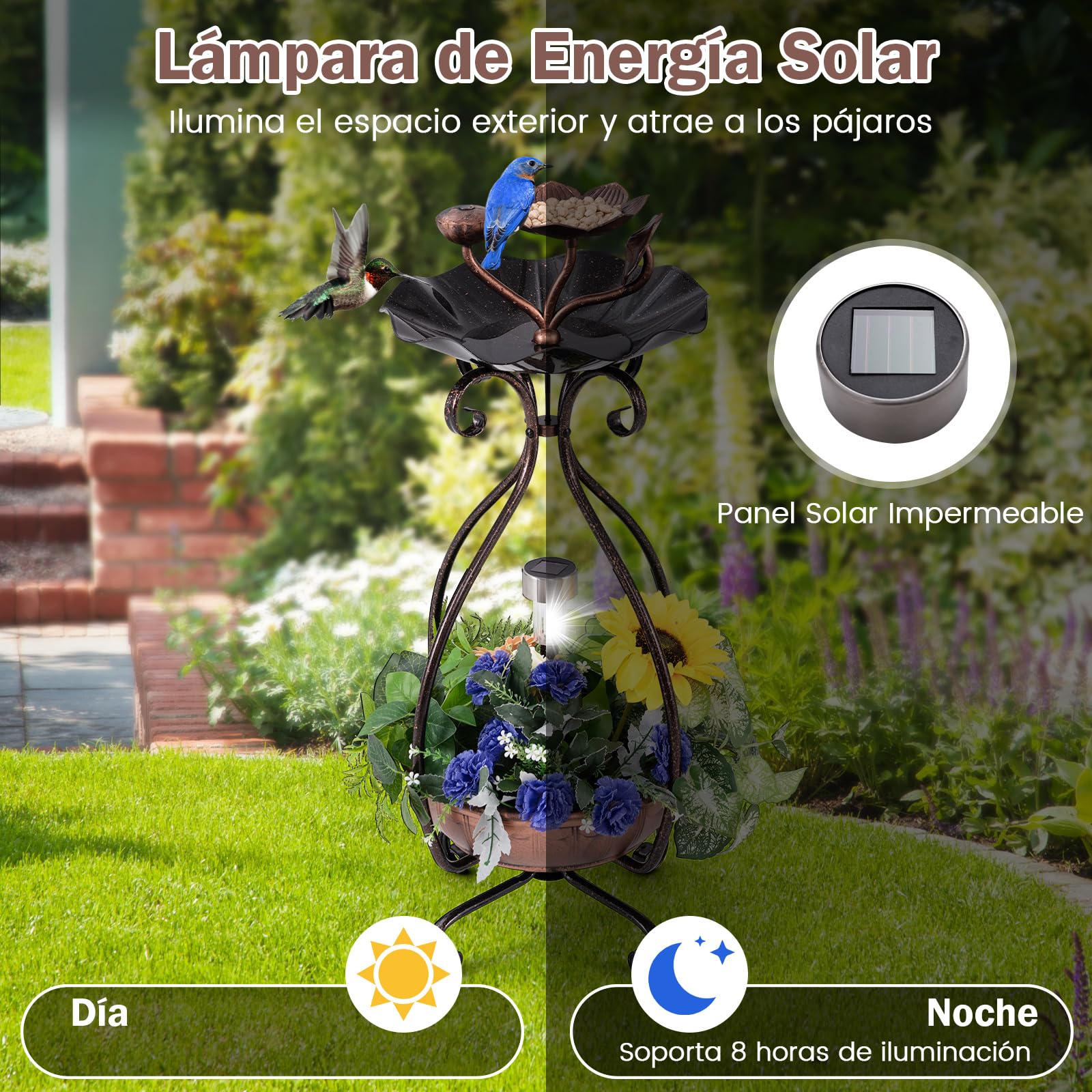 GYMAX Comedero Solar para Pájaros de Exterior, Bañera para Pájaros con Luz Solar LED, Jardinera Inferior de Flores, Marco Metálico, Bebedero Decorativo Vintaje para Ave (Bronce Antiguo)