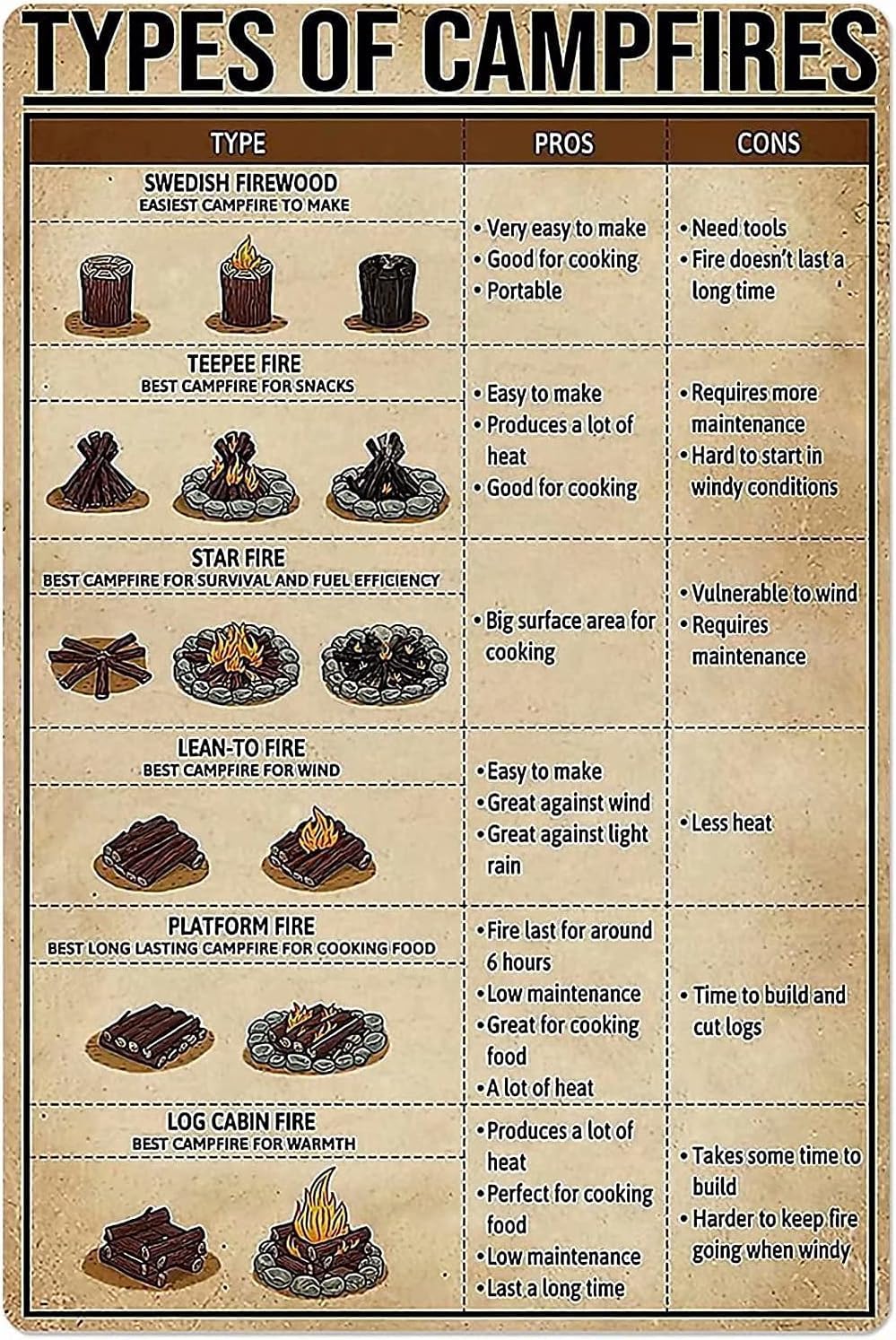 peiyeety Types Of Campfires Knowledge Metal Tin Sign Office Garage Restaurant Cafe Living Room Kitchen Art Wall Printing Poster Plaque 8"x12"