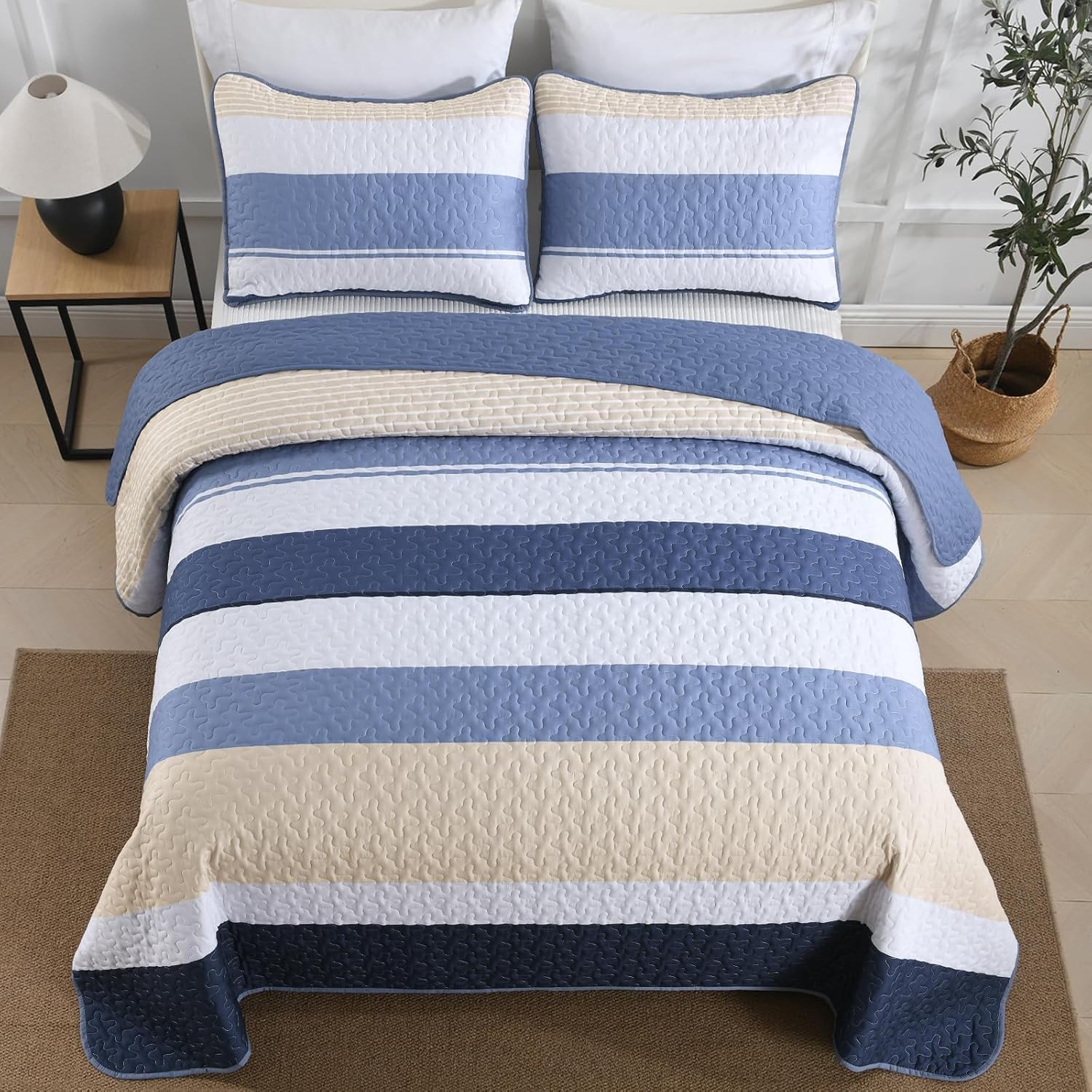 Dinjoy Blue Boho Quilt Set Queen Size, Fall Striped Bedspread Lightweight Farmhouse Bedding Sets 3 Pieces Micofiber Patchwork Coverlet with 2 Pillowcases for Men Bed - Image 2