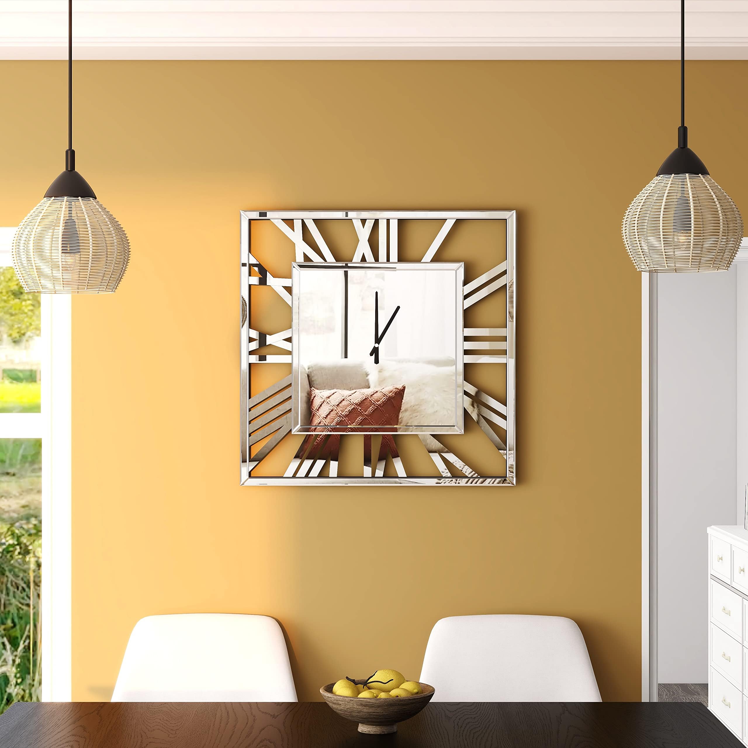 SHYFOY - Reloj de pared cuadrado grande y moderno, 60 cm, silencioso, casi sin tic-tac con pilas, espejo de cristal, números romanos, para sala de estar, dormitorio, cocina, decoración de pared