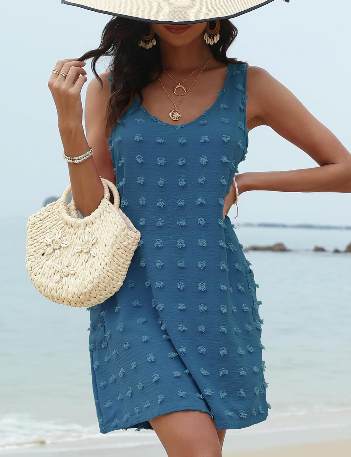 OmicGot Women's Beach Cover Up Casual Summer Dresses Swiss Polka Dot V Neck Tank Dress with Pockets S-XL - Image 7