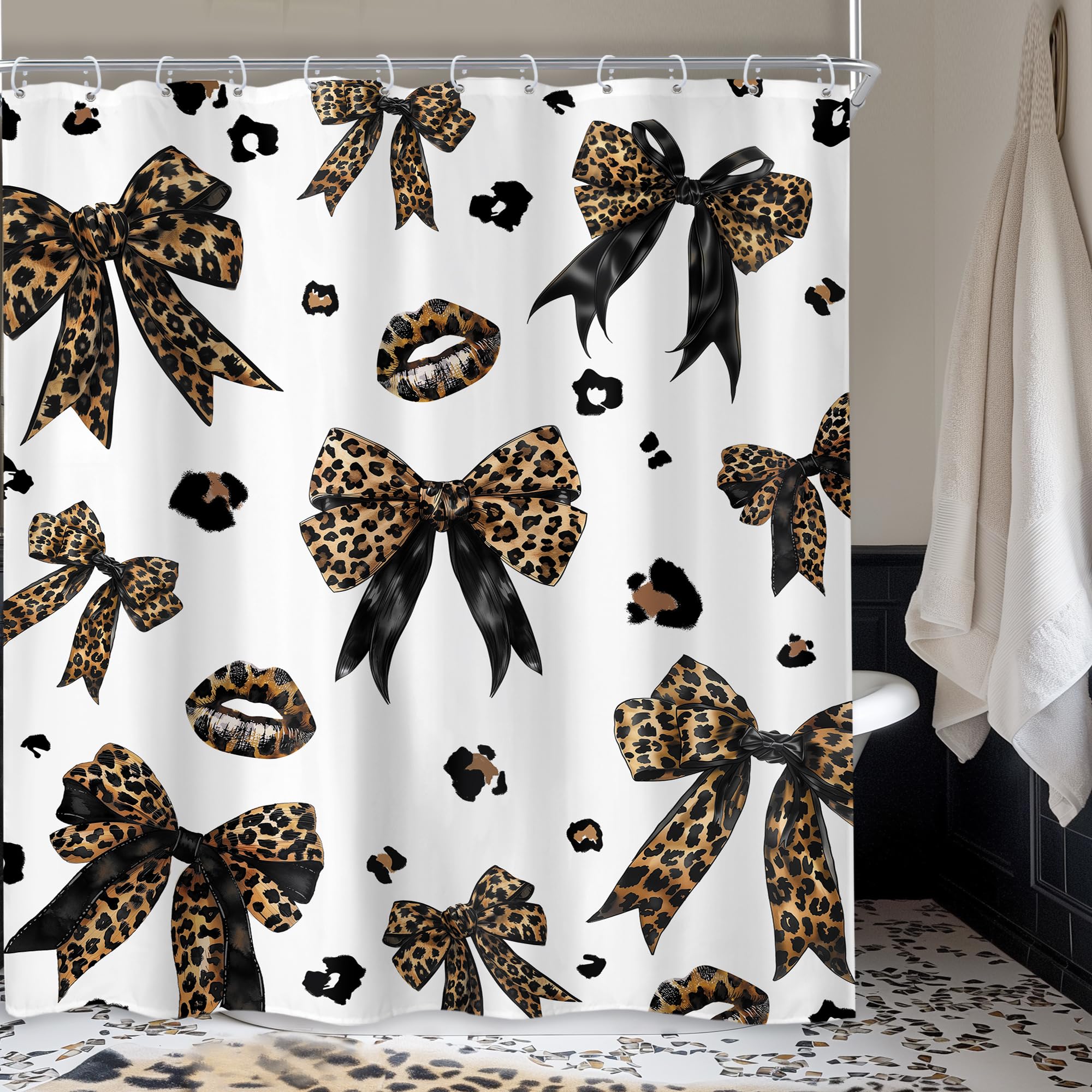 Newsely Leopard Print Bow Shower Curtain 60Wx72L Inch Woman Girls Bownot Retro Brown Cheetah Fashion Shower Curtain Bathroom Set Vintage Modern
