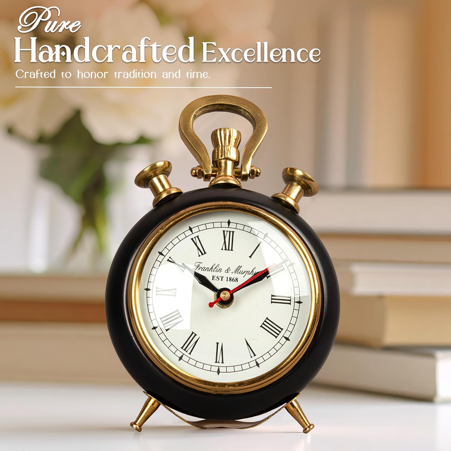 Vintage Desk Clock Gold & Black – Retro Farmhouse Mantel Clock 4-Inch Dial for Living Room Bedroom Table Shelf Decor