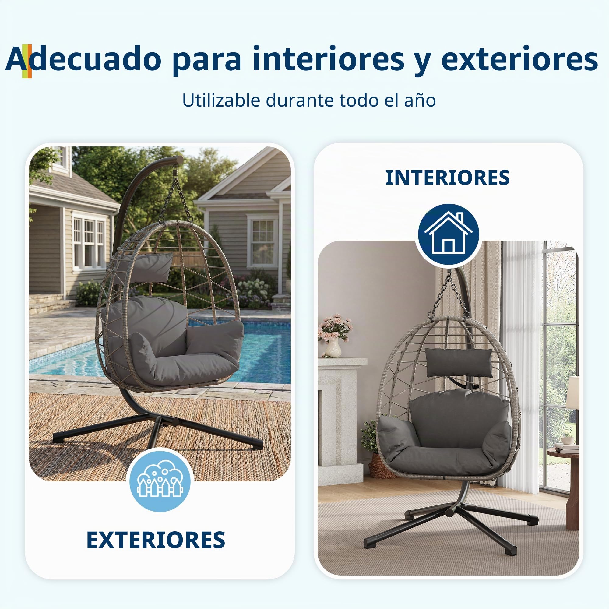 Silla Colgante con Marco para Exteriores, soporta hasta 150 kg, Silla Colgante de ratán con Estructura de Metal, Ideal como Silla Colgante de Interior, con Marco para jardín, terraza y balcón, Gris