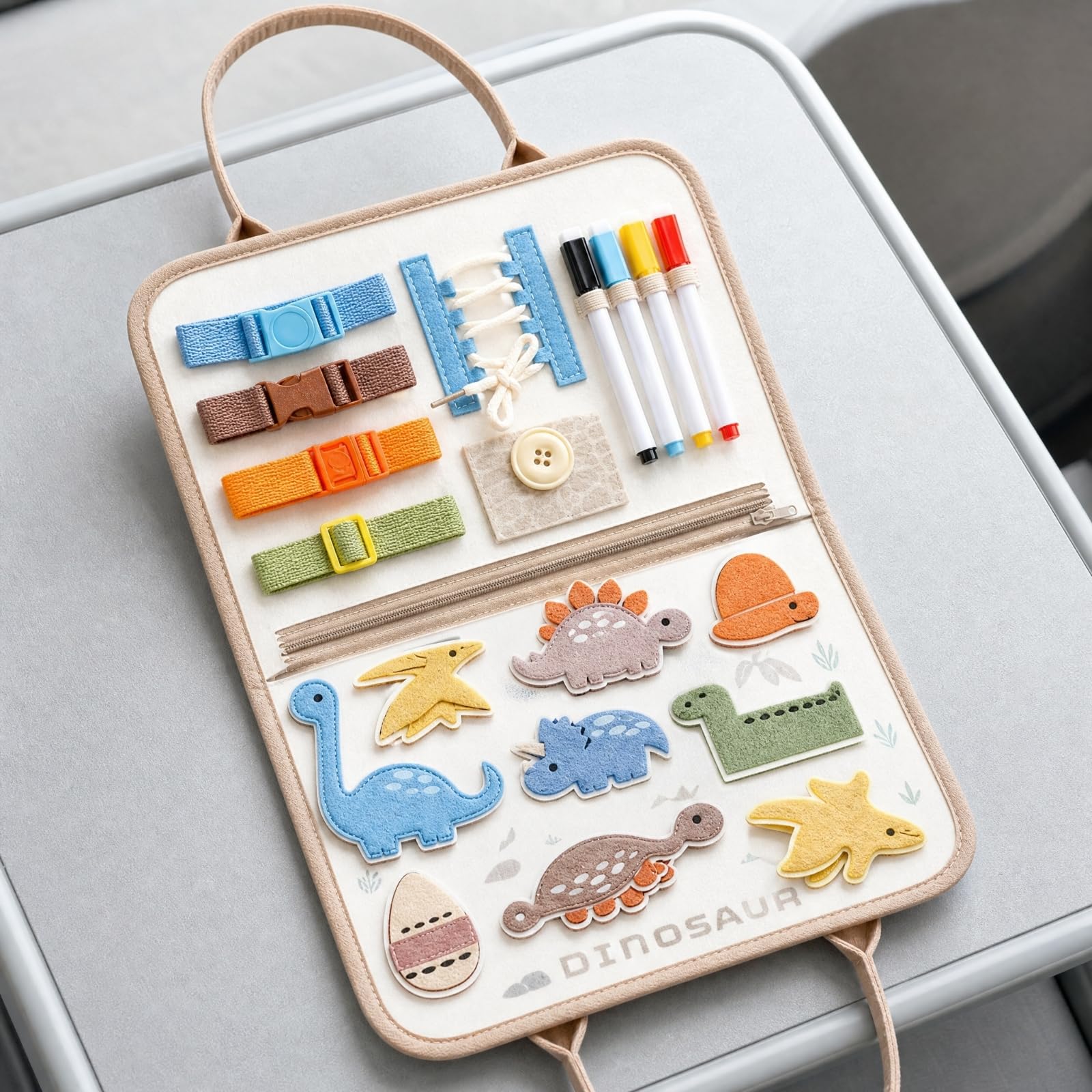 Tavola attività a Tema Dinosauro Portatile Tavola con Chiusura e attività di Vestizione Sicuro Busy Board per Bambini in età Prescolare