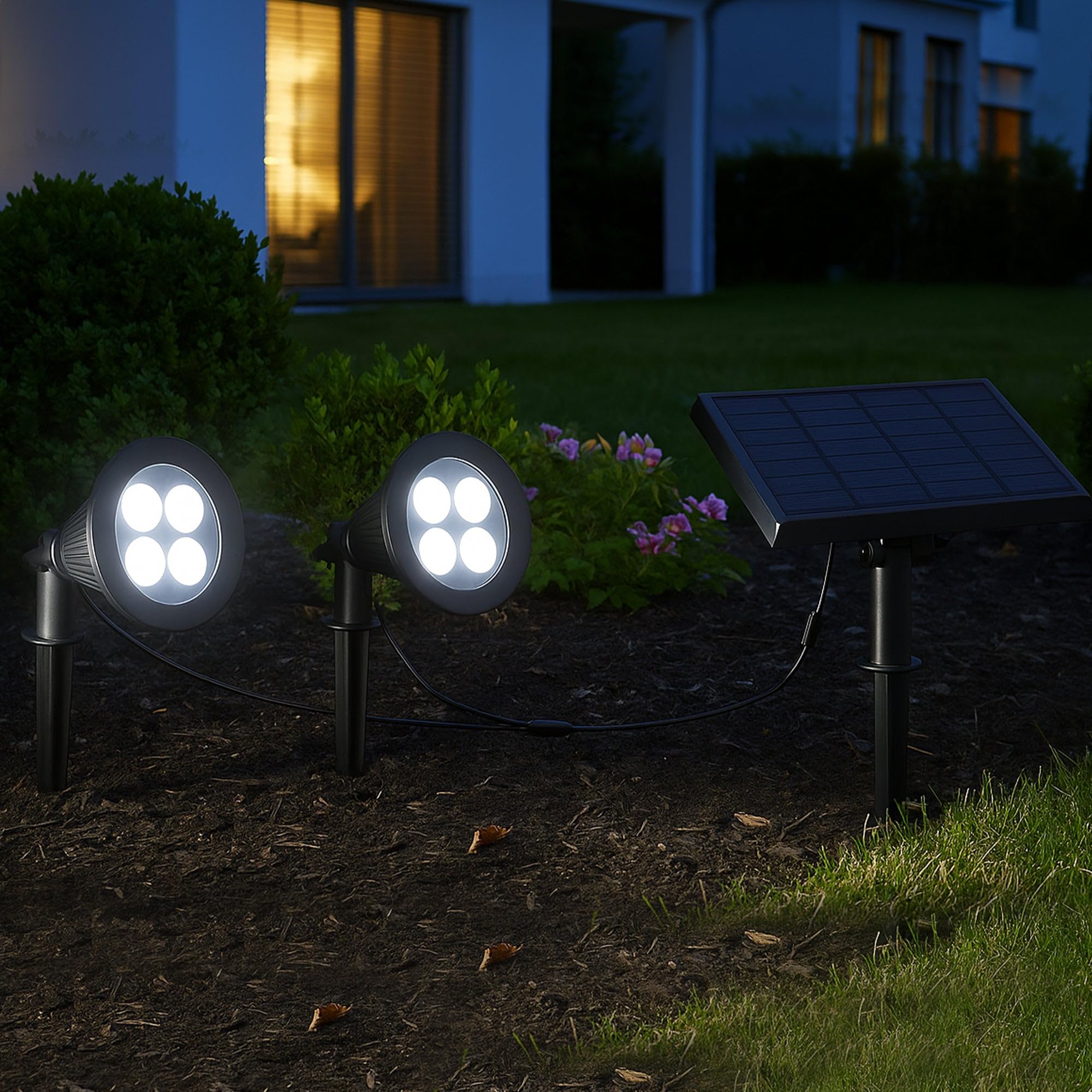 Lumisky Lot de 2 double spot solaire relié avec panneau solaire déporté 2 en 1 à piquer ou à fixer éclairage puissant LED blanc dimmable FAMILY SPIKY H38cm