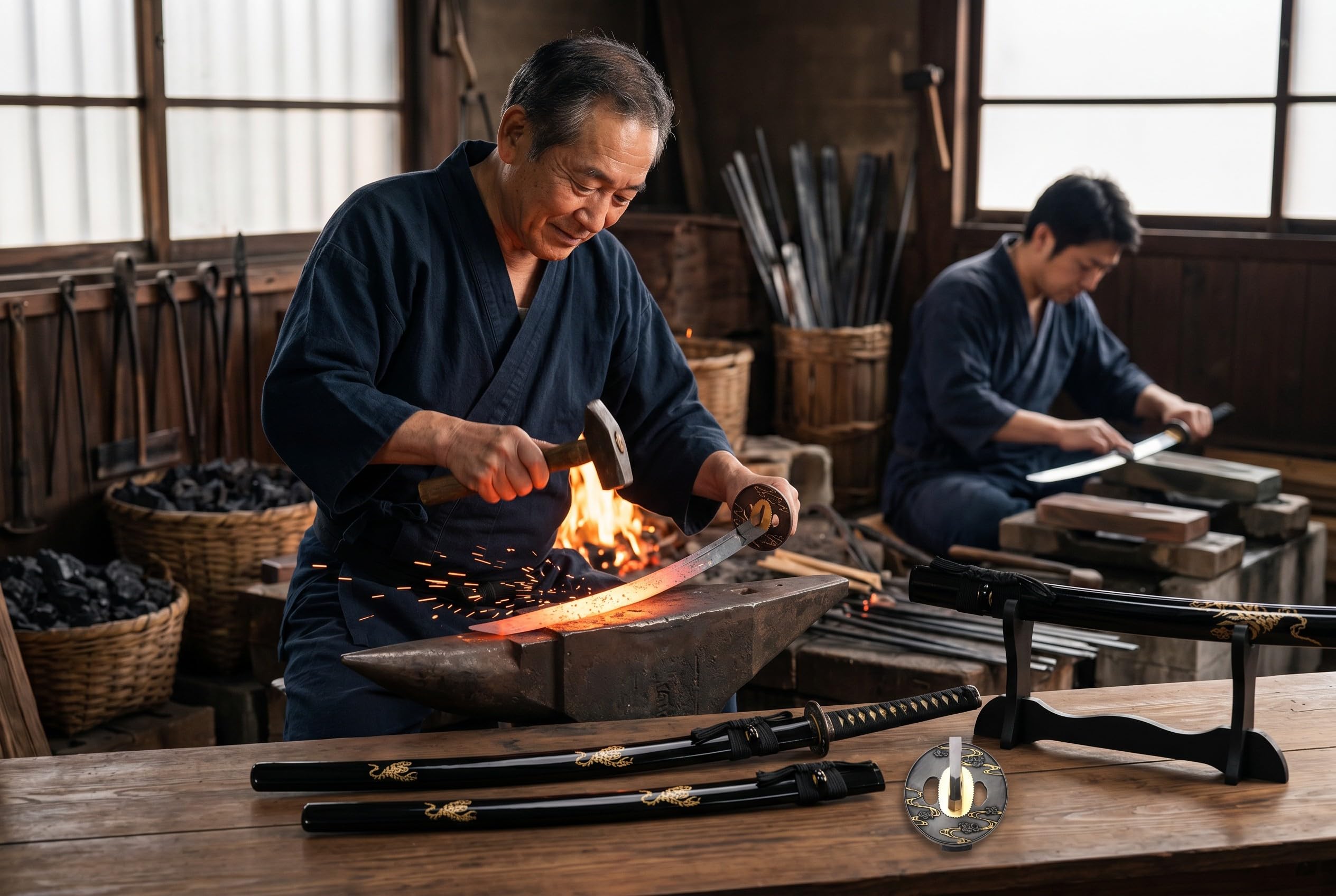 Katana Scorpio Schwert scharf echt zum Training Metall Dazu der Ständer Stahl 1060 Samurai 100% Handarbeit nur für Erwachsene - 18 Jahre erforderlich 7KM4-410