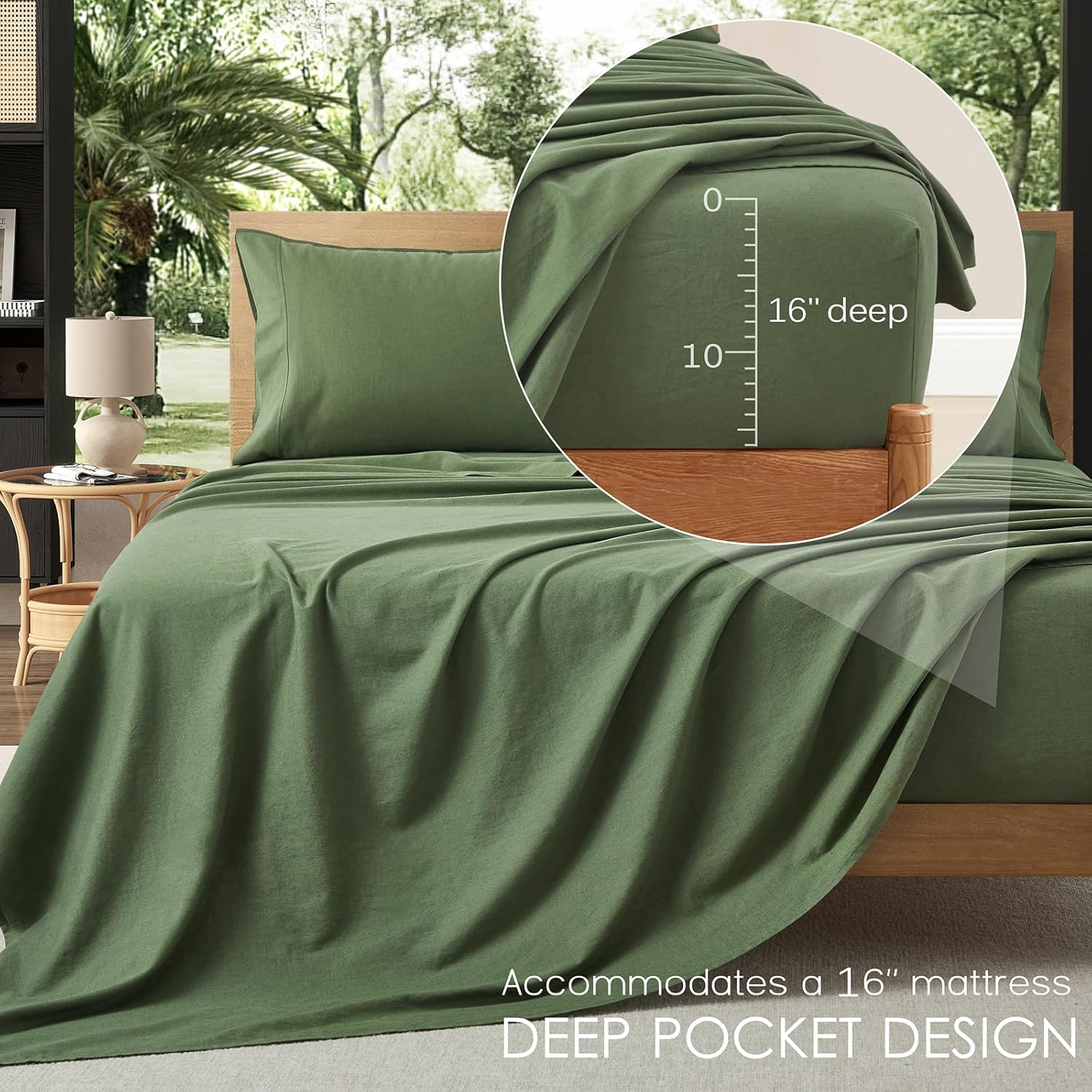 3Pcs Organic Linen Sheets Twin Size, 100% French Linen from Normandy, Breathable Forest Green Bed Sheets Twin Sheet Set with 16 Inch Deep Pocket, 1 Flat Sheet, 1 Fitted Sheet, 1 Pillowcases - Image 6